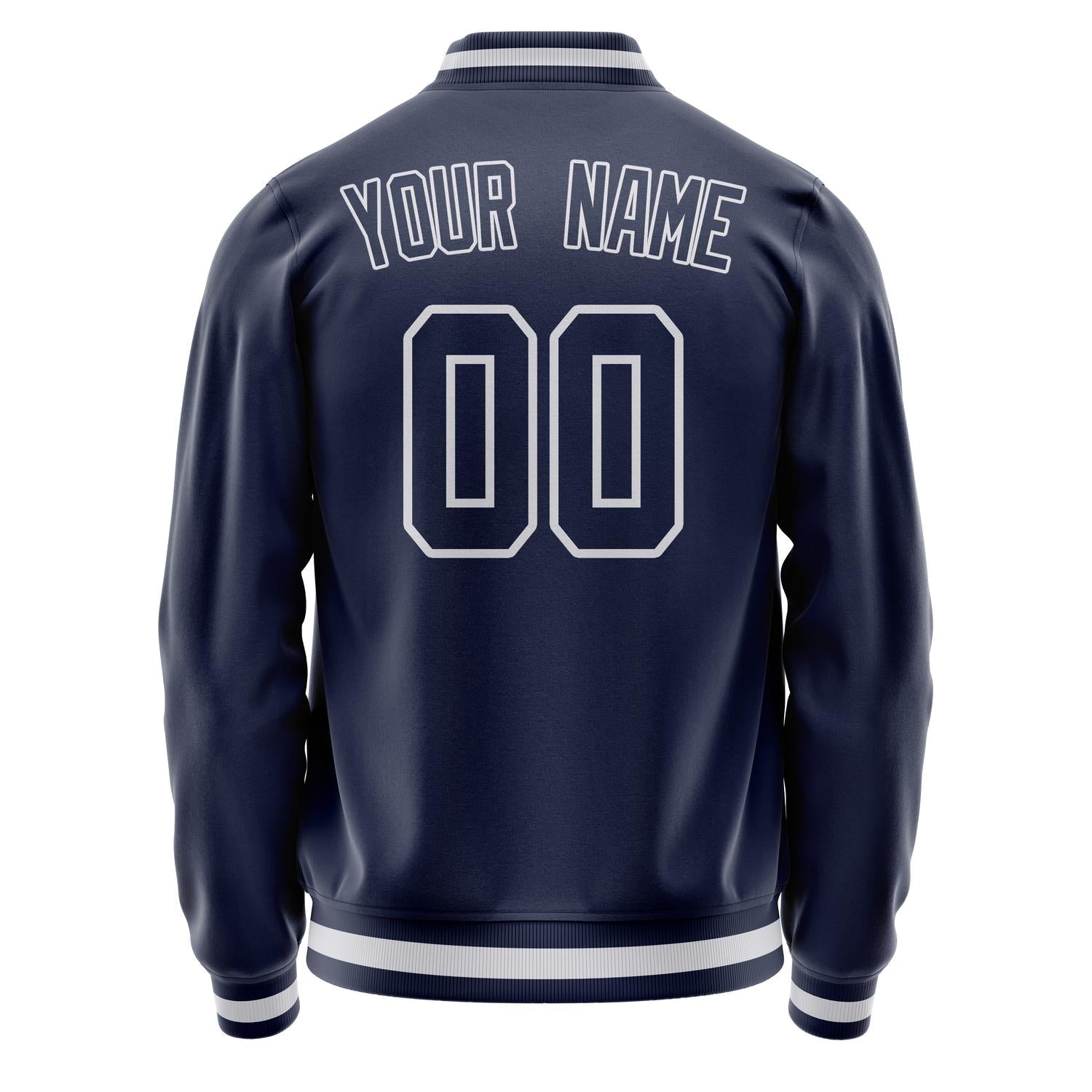 Custom Navy White Solid Color Varsity Letterman Jacket JA02240617KZ273