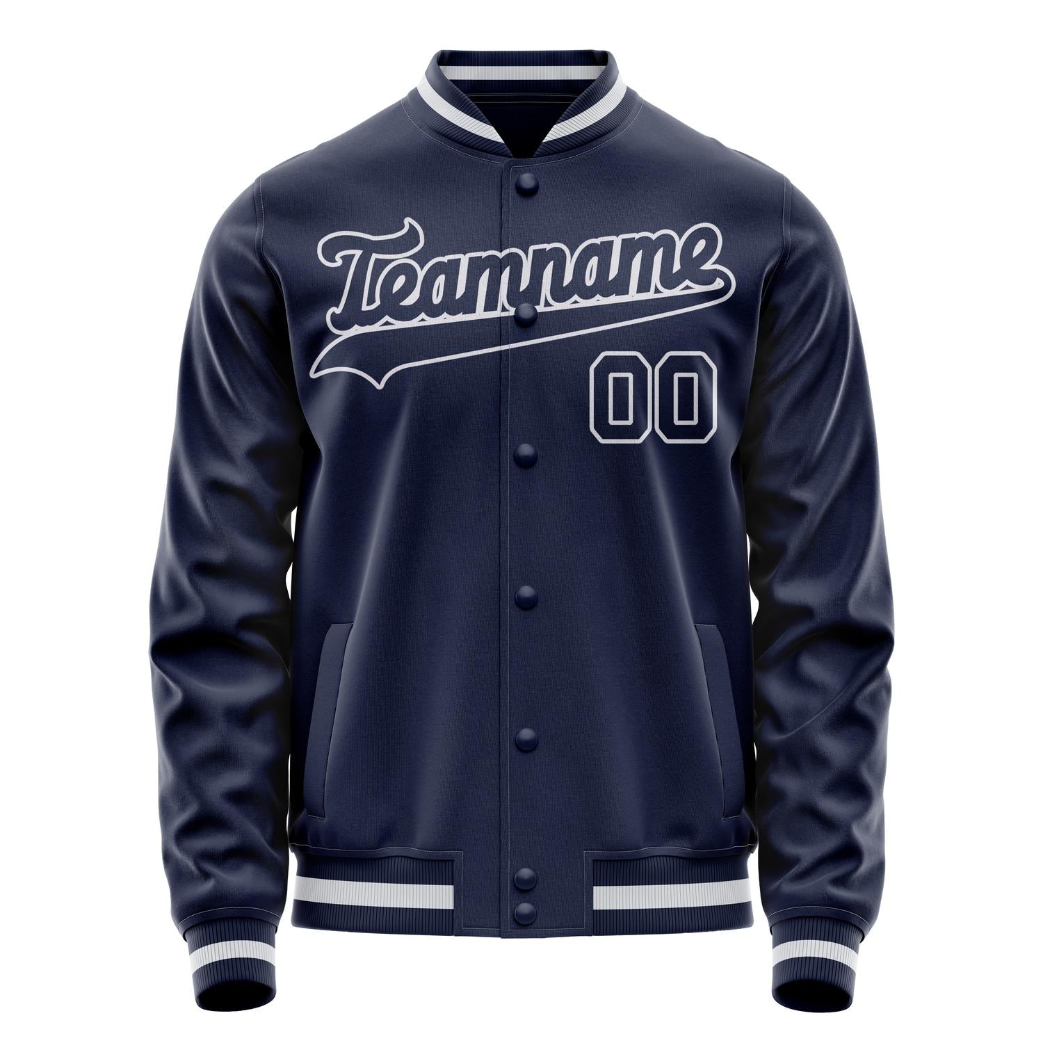 Custom Navy White Solid Color Varsity Letterman Jacket JA02240617KZ273