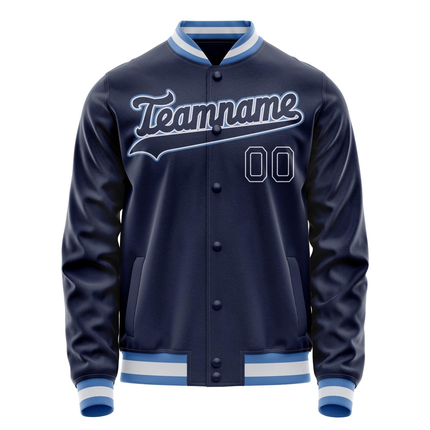 Custom Navy White Solid Color Varsity Letterman Jacket JA02240617KZ279