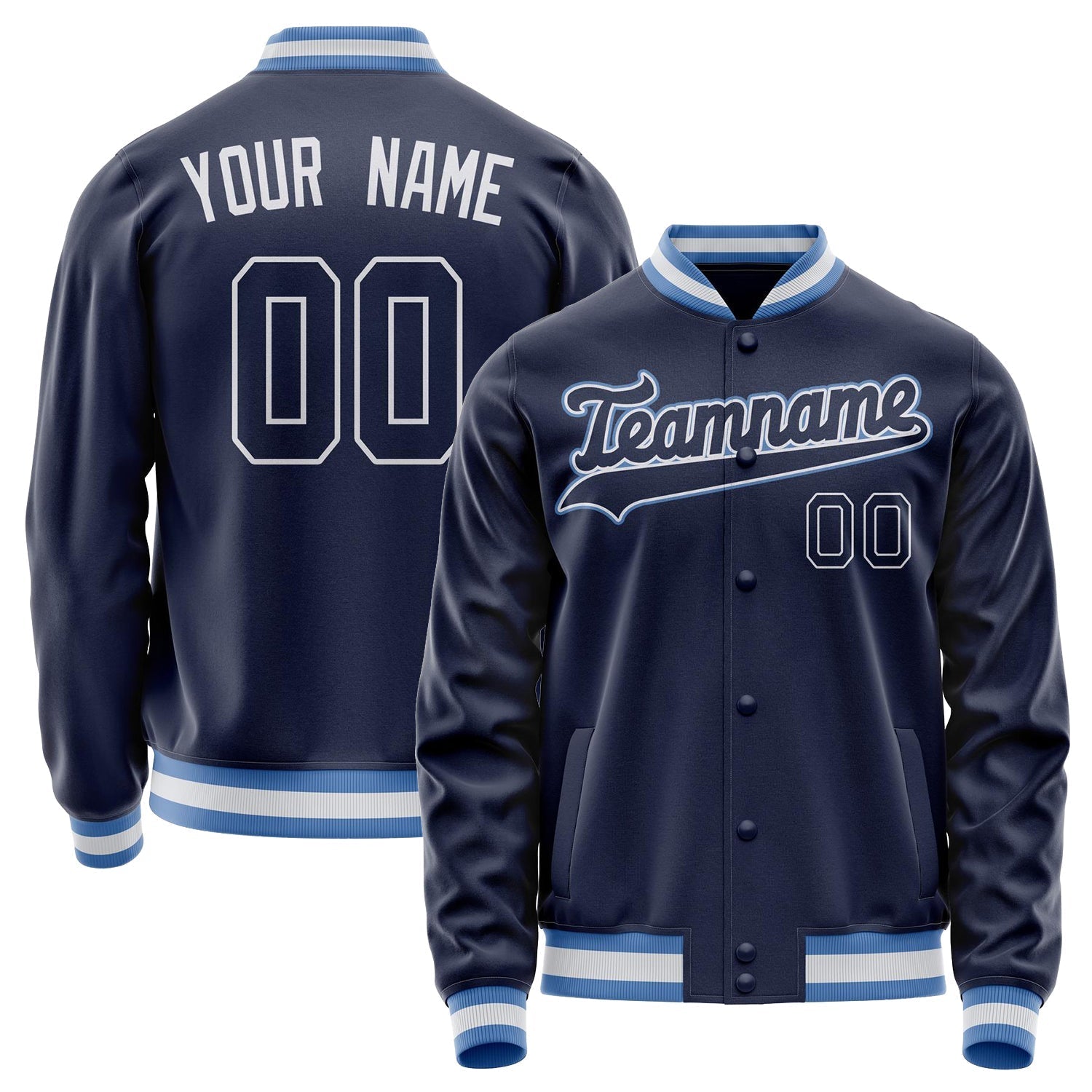 Custom Navy White Solid Color Varsity Letterman Jacket JA02240617KZ279