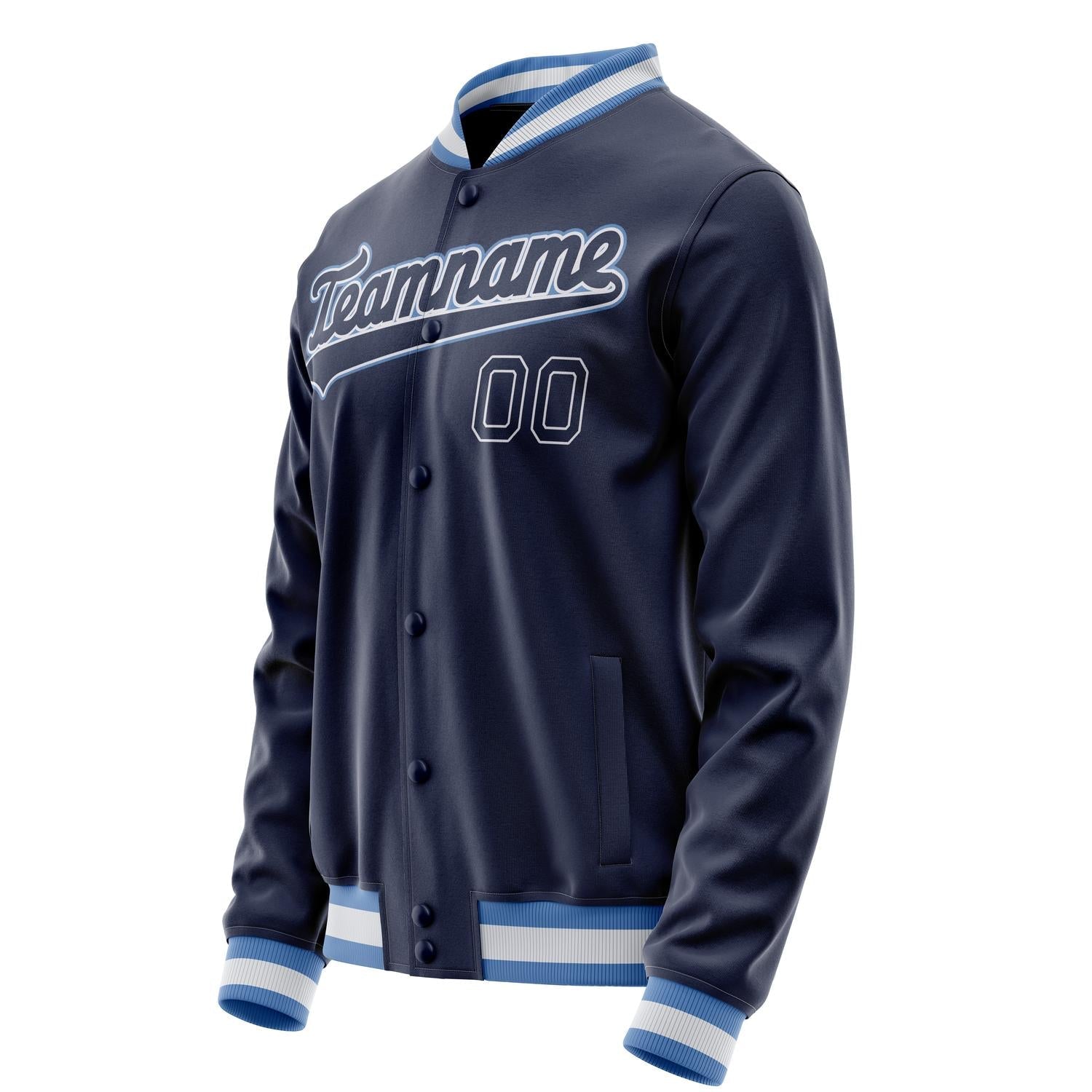 Custom Navy White Solid Color Varsity Letterman Jacket JA02240617KZ279