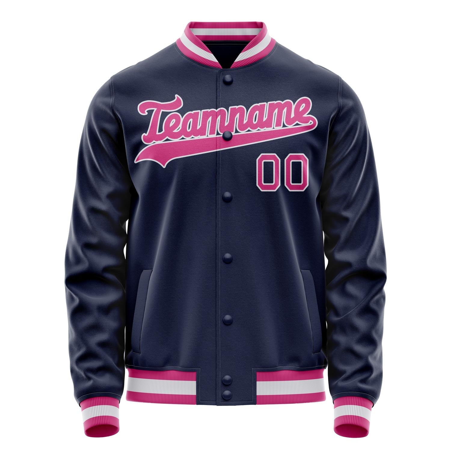 Custom Navy Pink Solid Color Varsity Letterman Jacket JA02240617KZ281