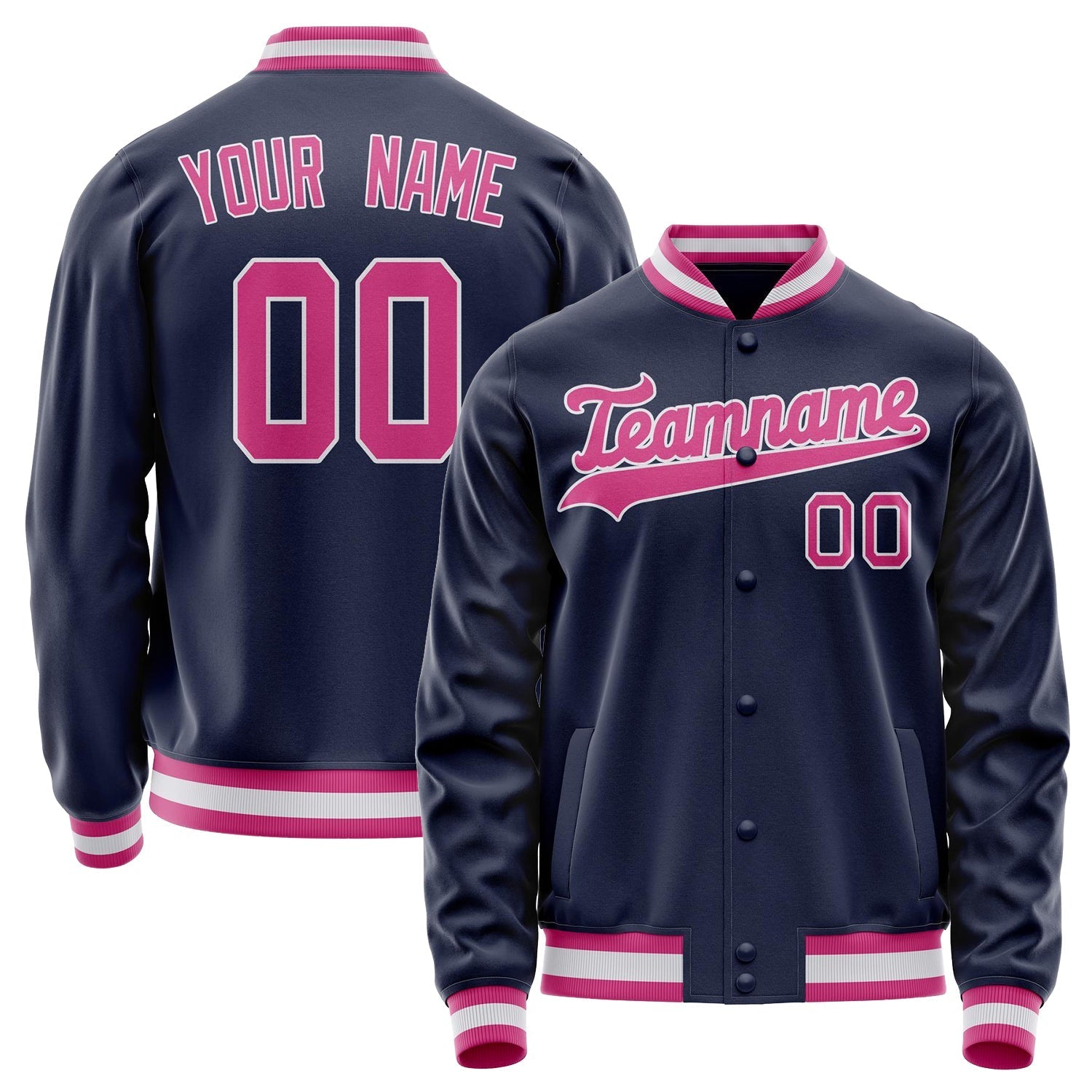 Custom Navy Pink Solid Color Varsity Letterman Jacket JA02240617KZ281