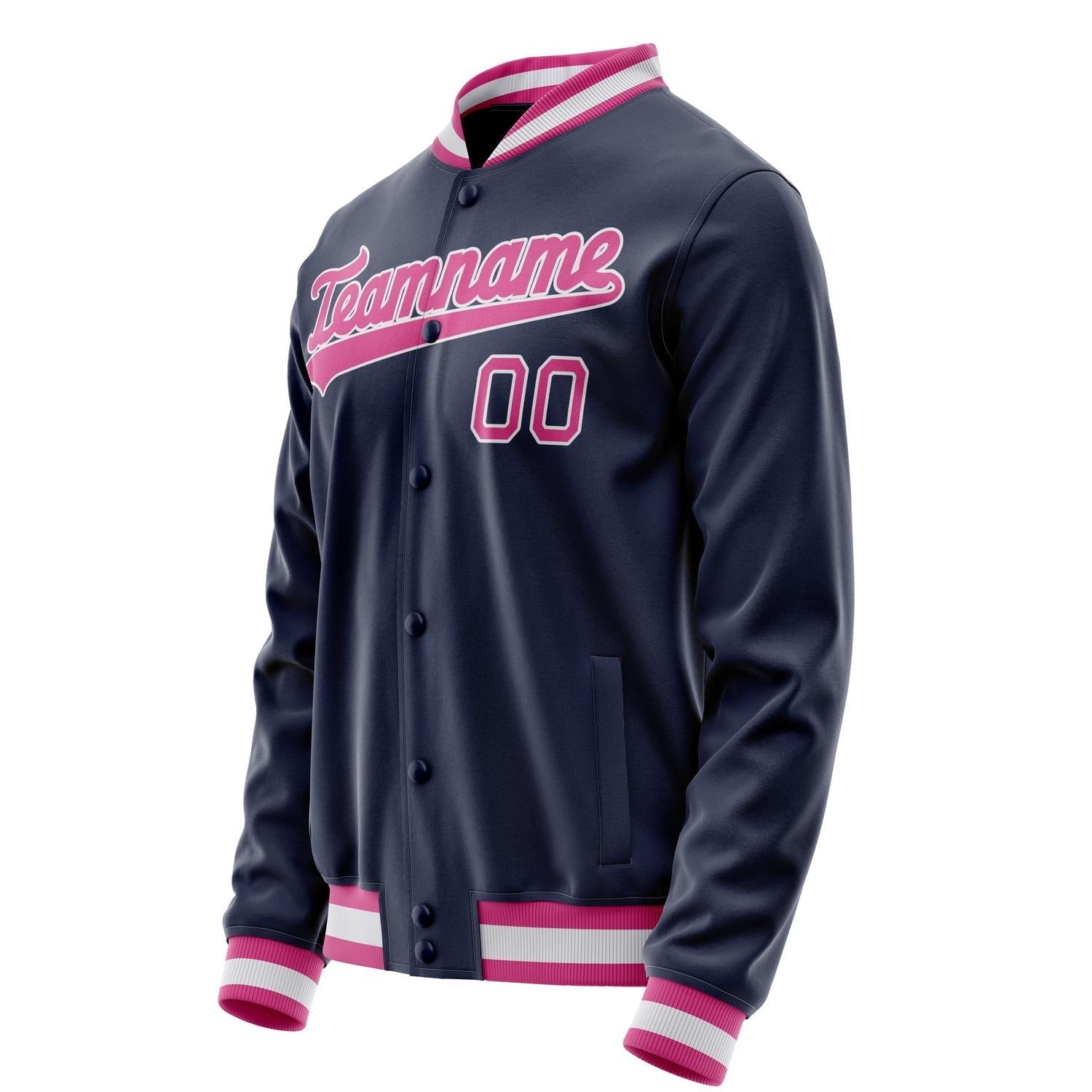 Custom Navy Pink Solid Color Varsity Letterman Jacket JA02240617KZ281