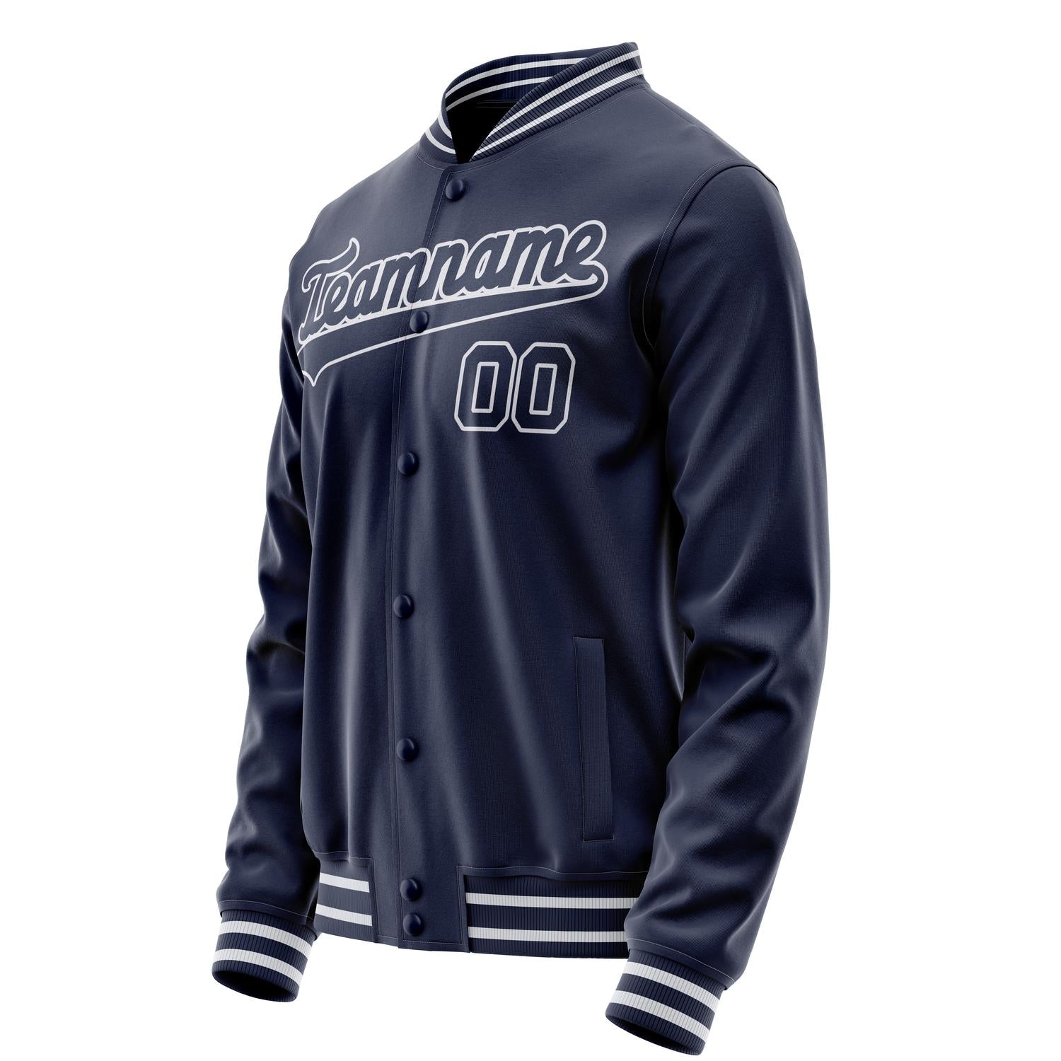 Custom Navy White Solid Color Varsity Letterman Jacket JA02240617KZ283