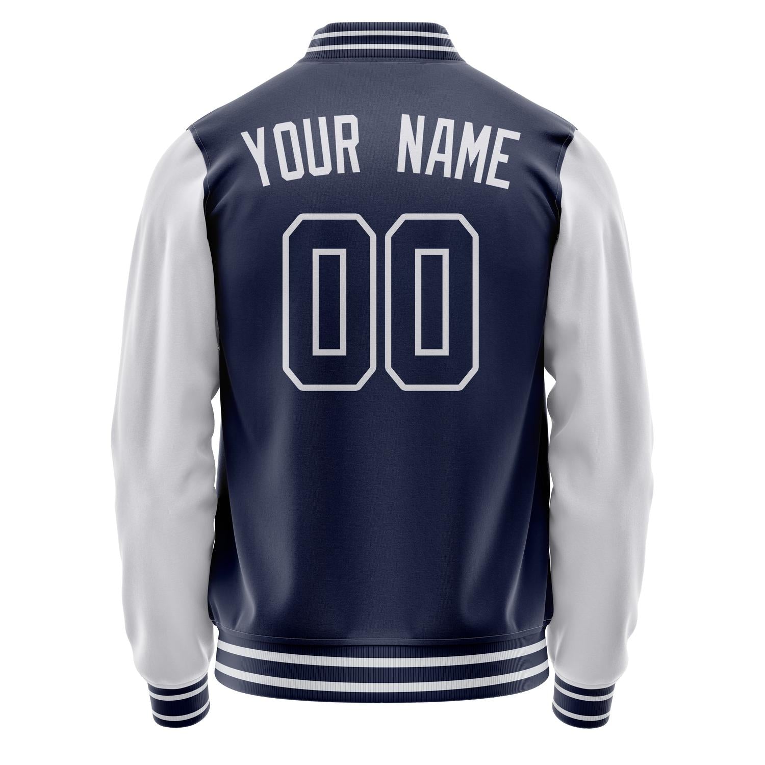Custom Navy White Solid Color Varsity Letterman Jacket JA02240617KZ284