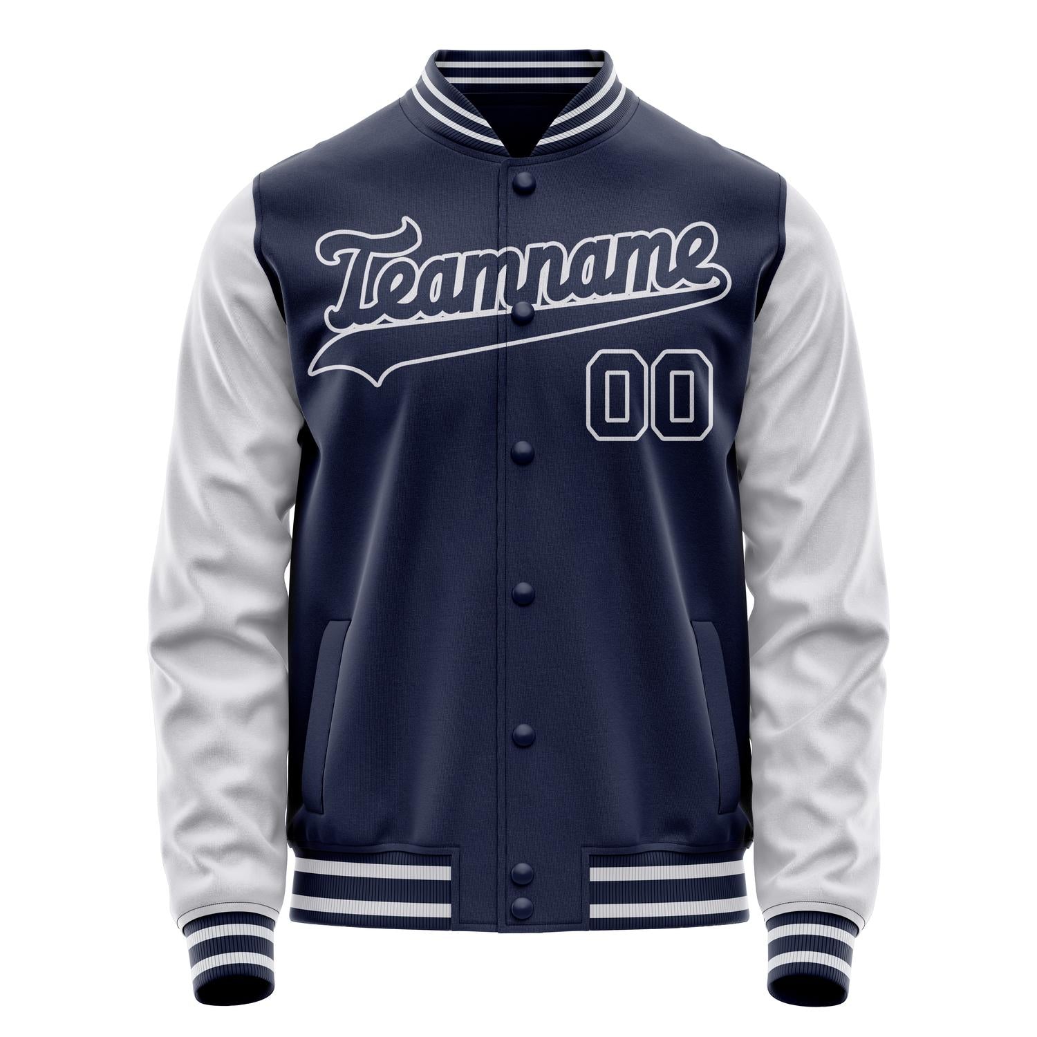 Custom Navy White Solid Color Varsity Letterman Jacket JA02240617KZ284
