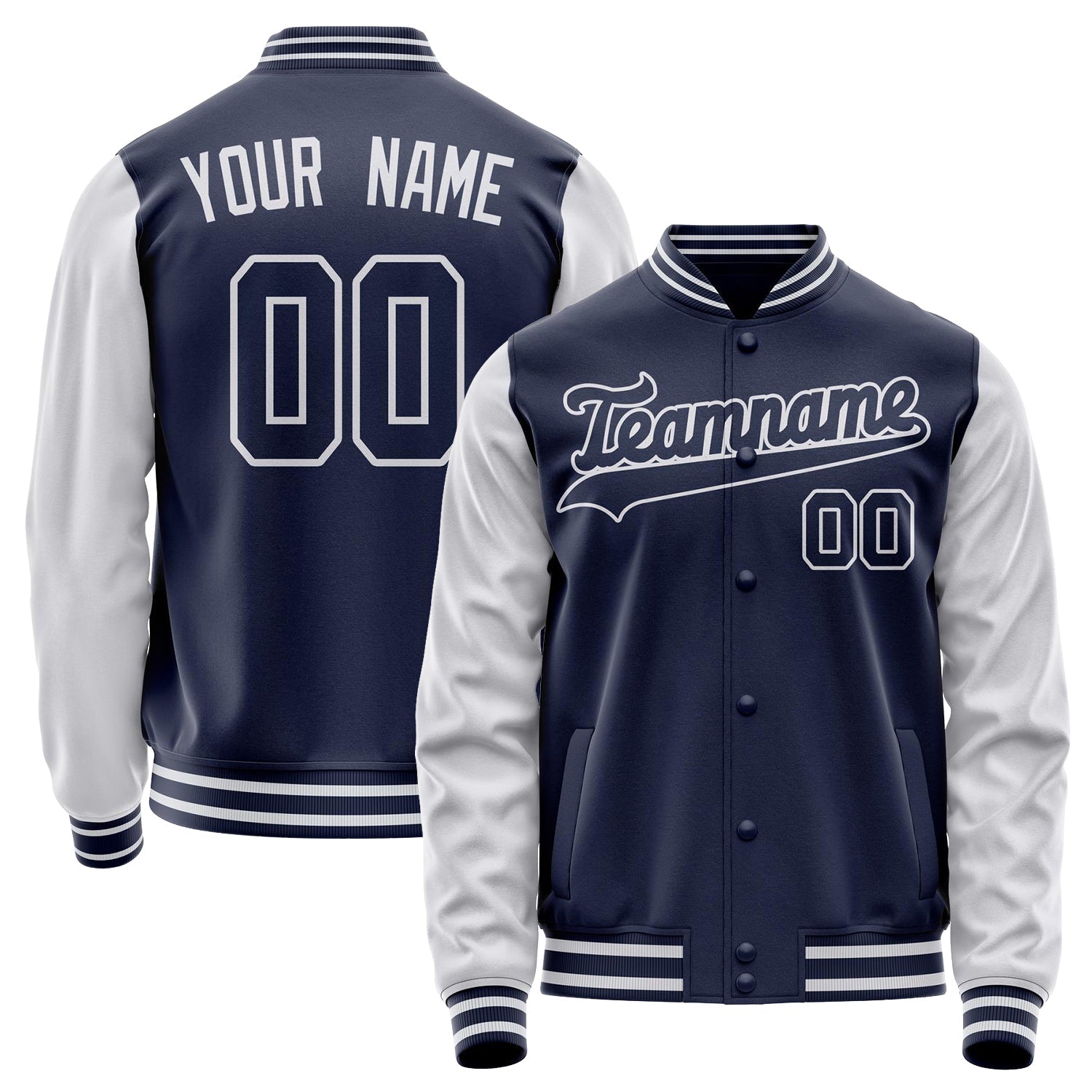 Custom Navy White Solid Color Varsity Letterman Jacket JA02240617KZ284
