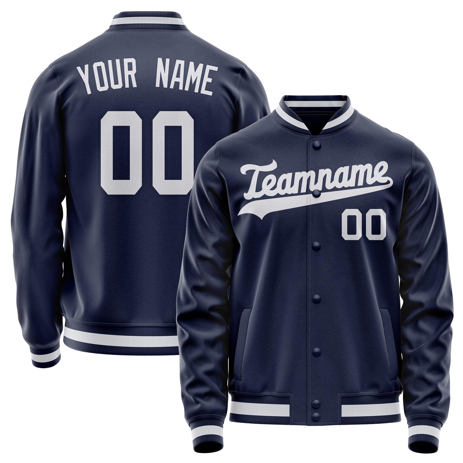 Custom Navy White Solid Color Varsity Letterman Jacket JA02240617KZ291