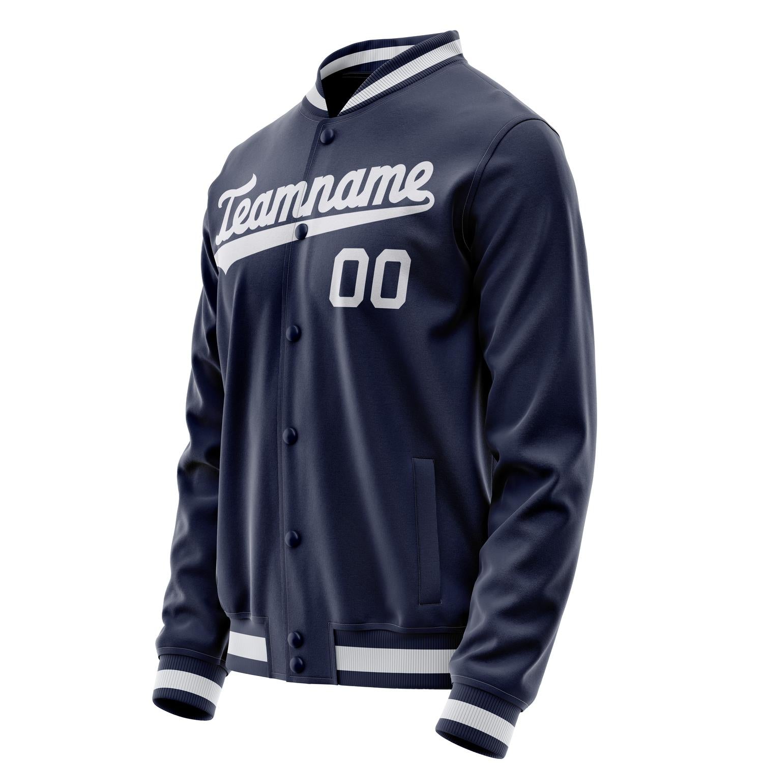 Custom Navy White Solid Color Varsity Letterman Jacket JA02240617KZ291