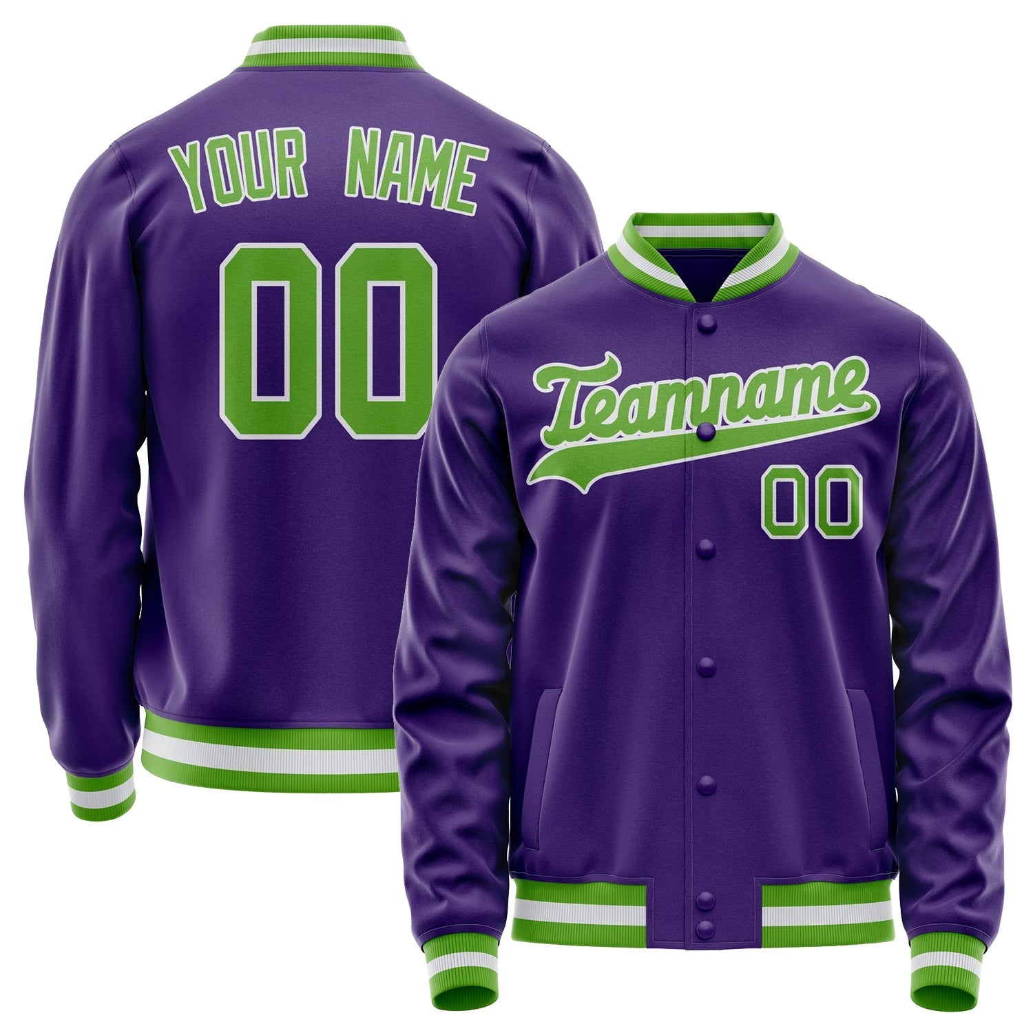 Custom Purple Neon-Green Solid Color Varsity Letterman Jacket JA02240617KZ357