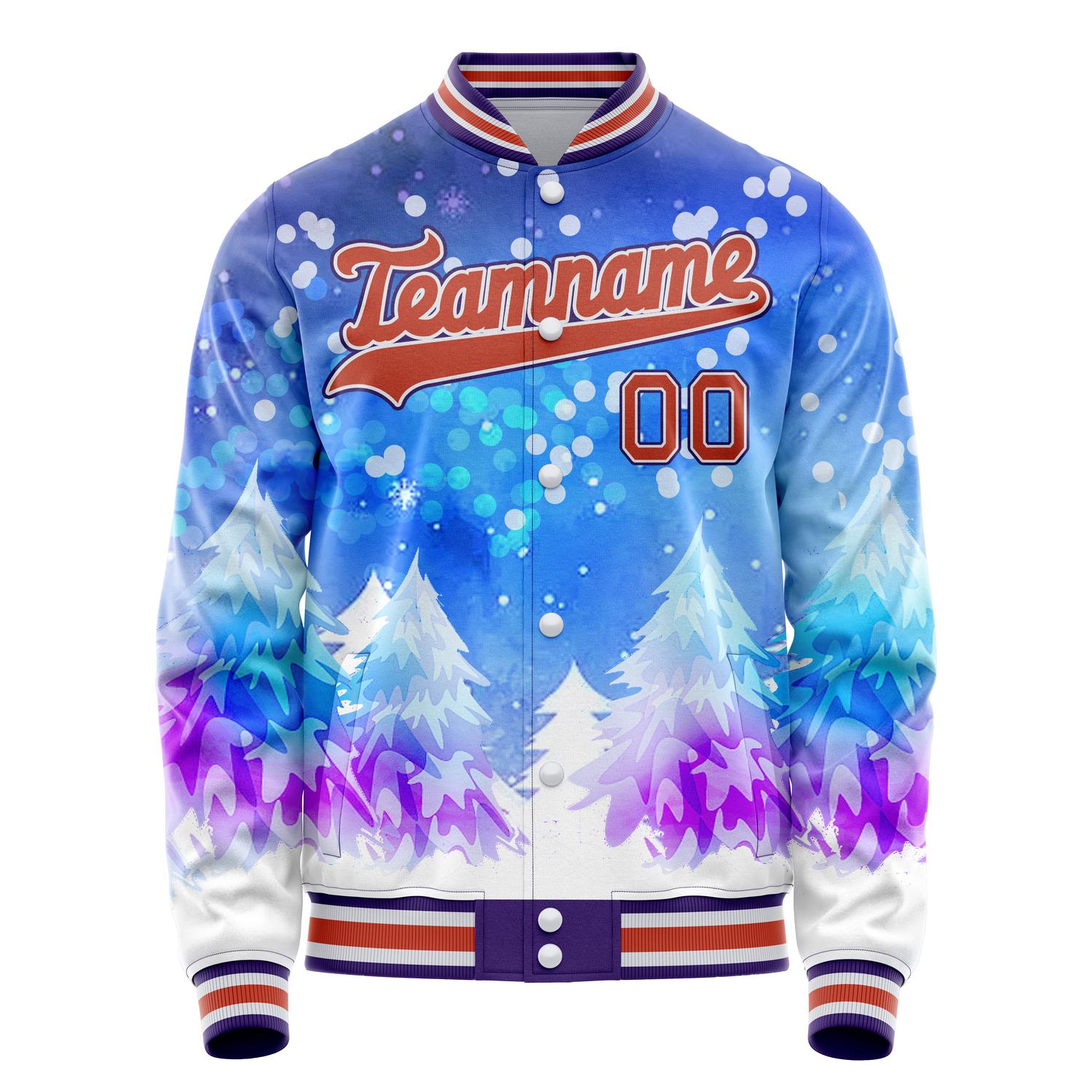 Custom Purple Orange 3D Pattern Watercolor Winter Landscape Varsity Letterman Jacket JA02240617KZ377