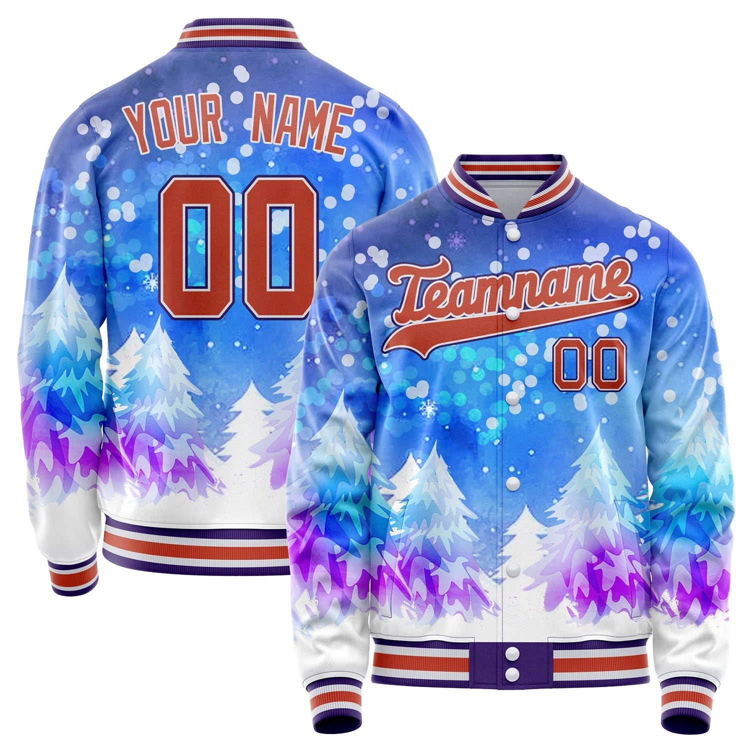 Custom Purple Orange 3D Pattern Watercolor Winter Landscape Varsity Letterman Jacket JA02240617KZ377