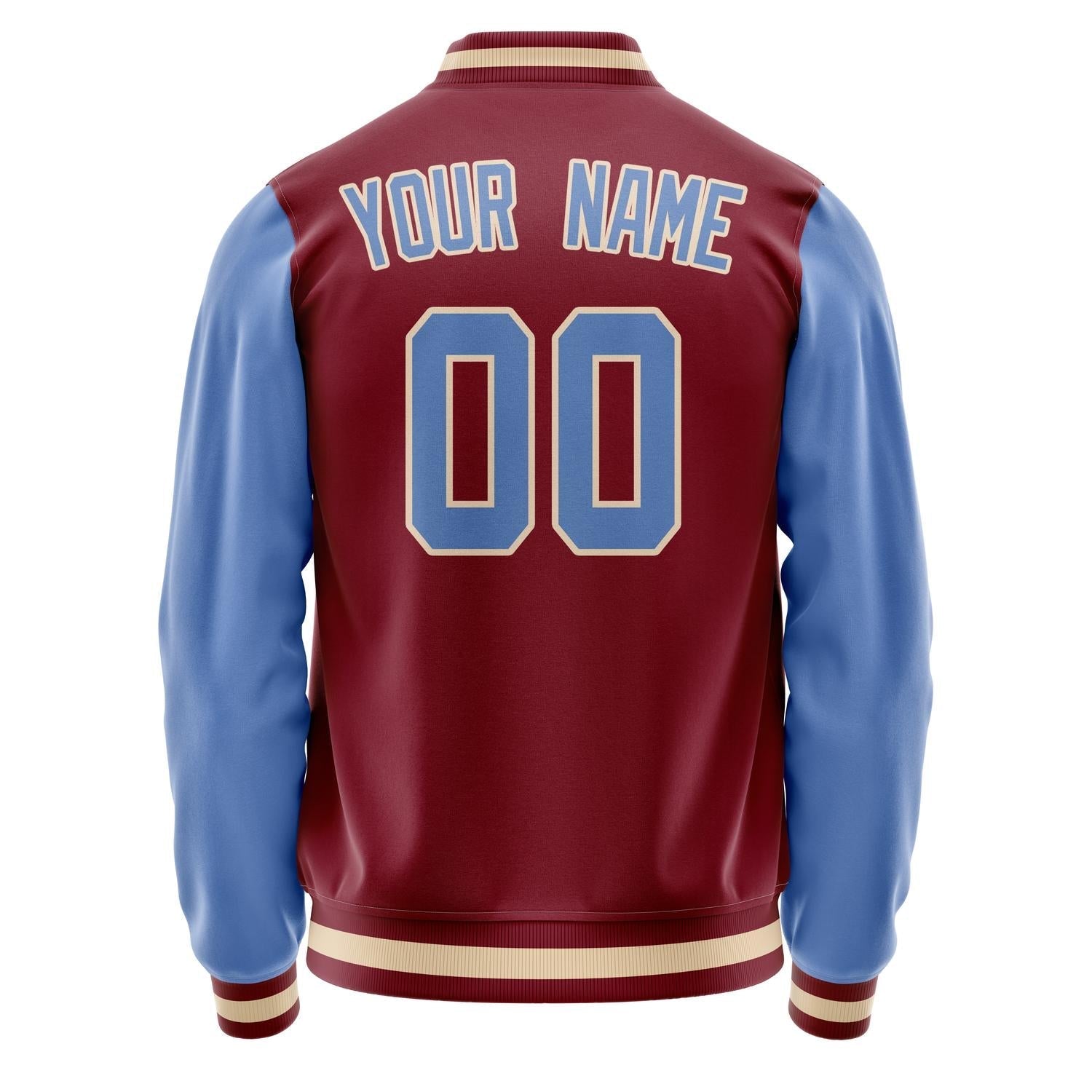 Custom Crimson Light-Blue Solid Color Varsity Letterman Jacket JA02240617KZ528