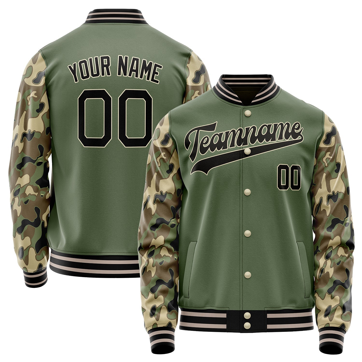 Custom Olive Camo Solid Color Varsity Letterman Jacket JA02240617LH300