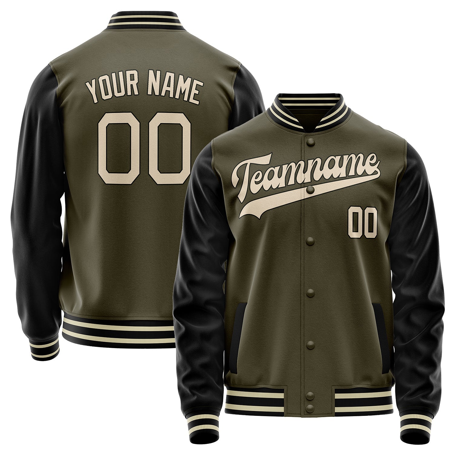 Custom Olive Black Solid Color Varsity Letterman Jacket JA02240617LH305