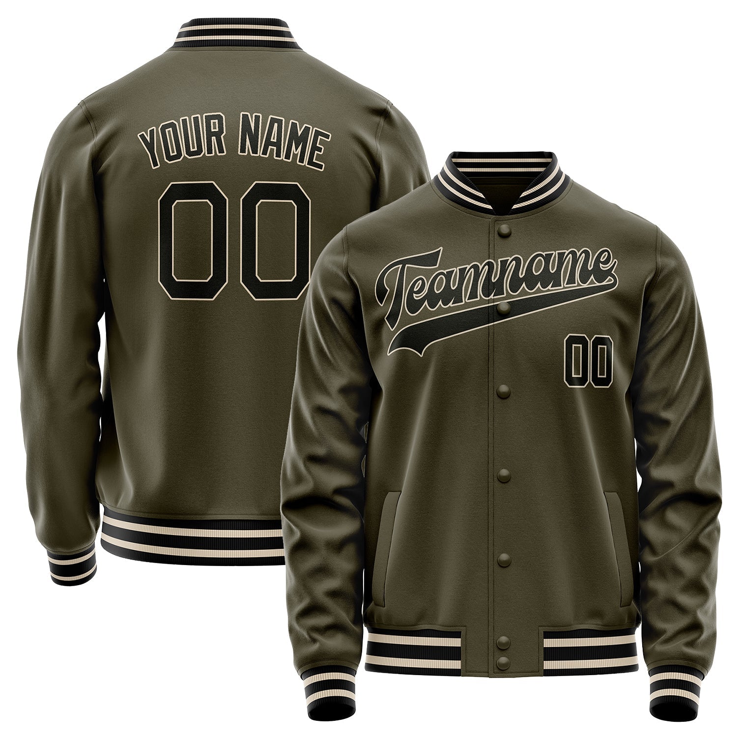 Custom Olive Black Solid Color Varsity Letterman Jacket JA02240617LH306