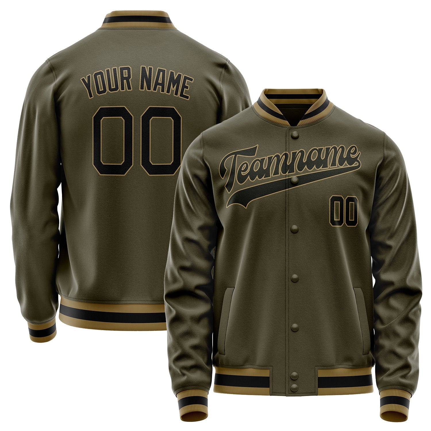 Custom Olive Black Solid Color Varsity Letterman Jacket JA02240617LH307