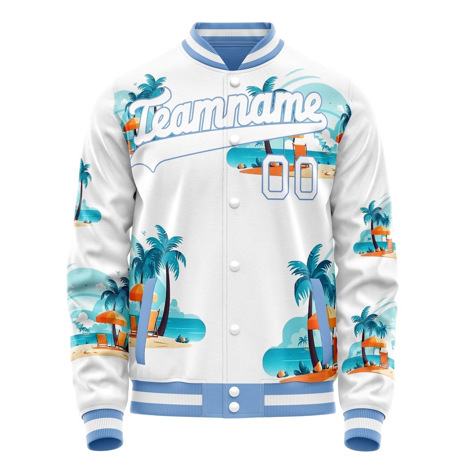 Custom White Light-Blue 3D Pattern Hawaiian Palm Tree Flamingo Varsity Letterman Jacket JA02240617LH456