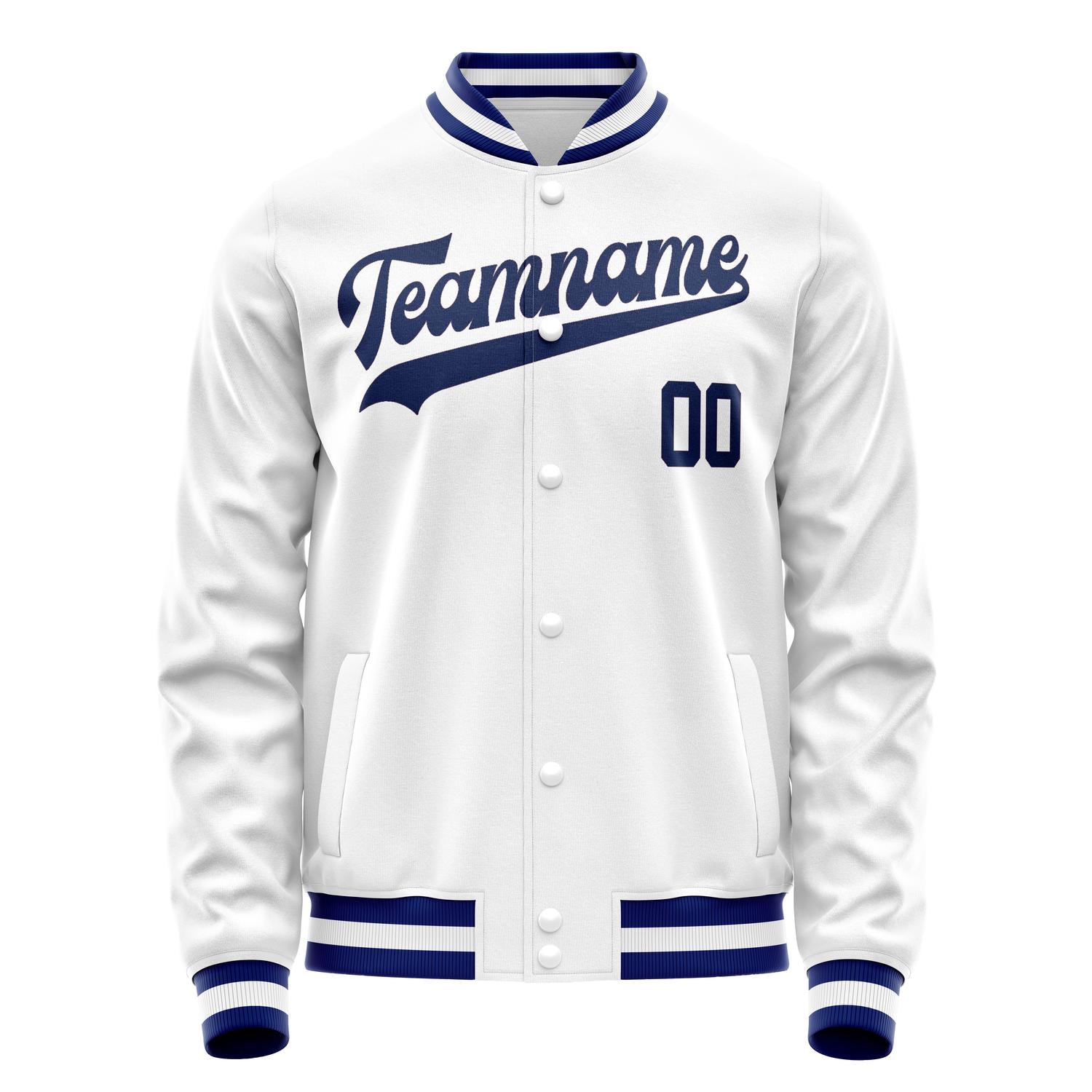 Custom White Navy Solid Color Varsity Letterman Jacket JA02240617LH464