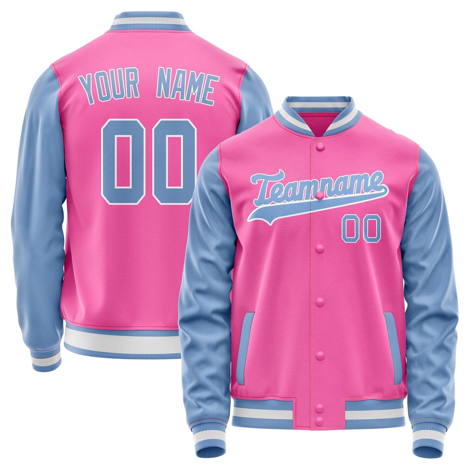 Custom Pink Light-Blue Solid Color Varsity Letterman Jacket JA02240617SH320