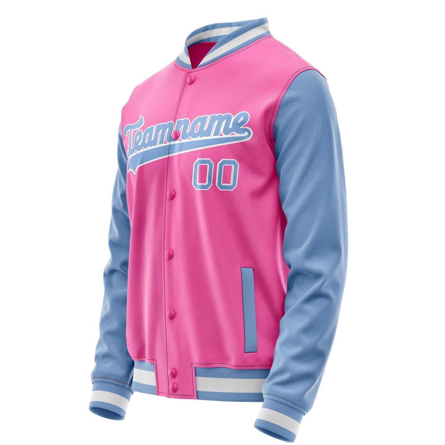 Custom Pink Light-Blue Solid Color Varsity Letterman Jacket JA02240617SH320