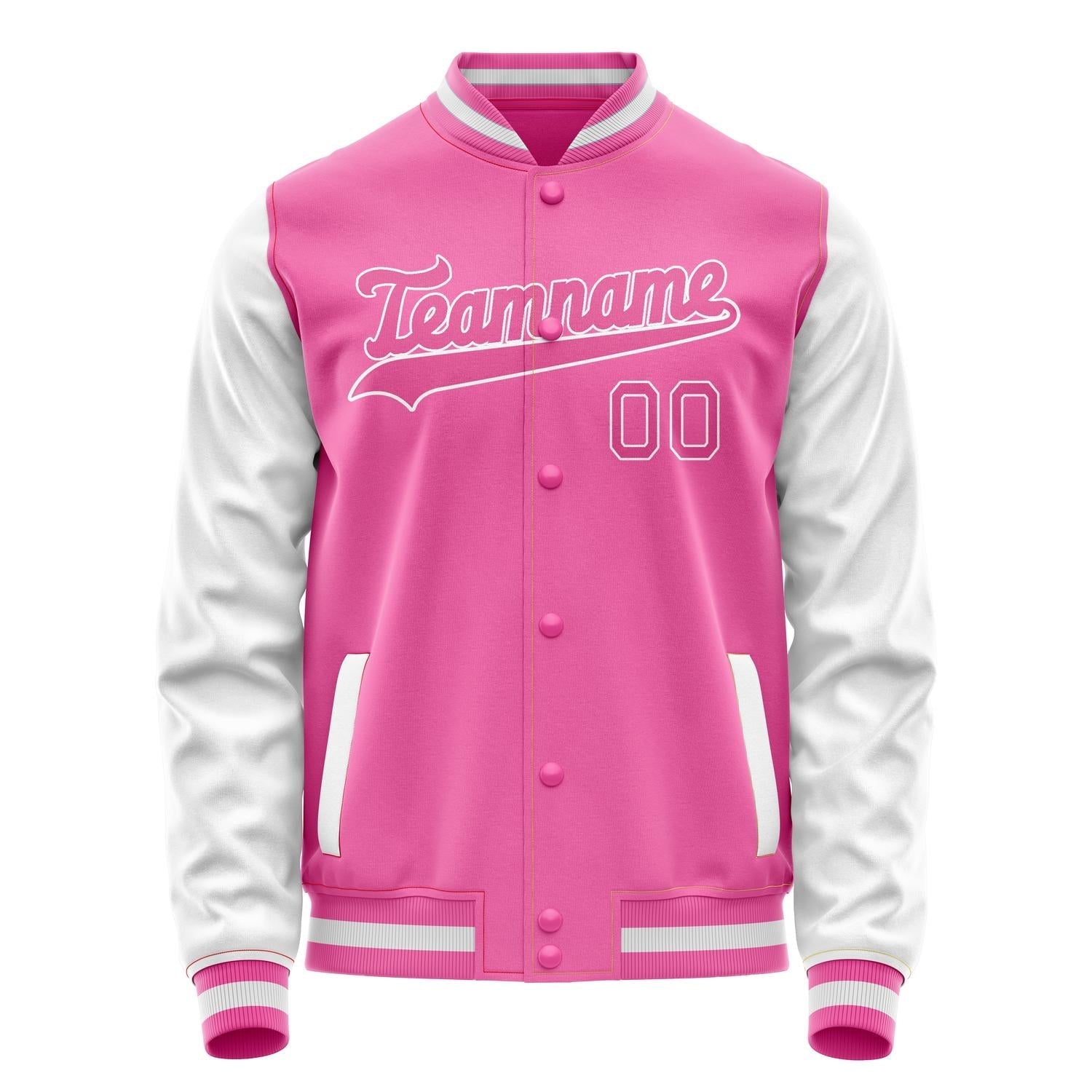 Custom Pink White Solid Color Varsity Letterman Jacket JA02240617SH322