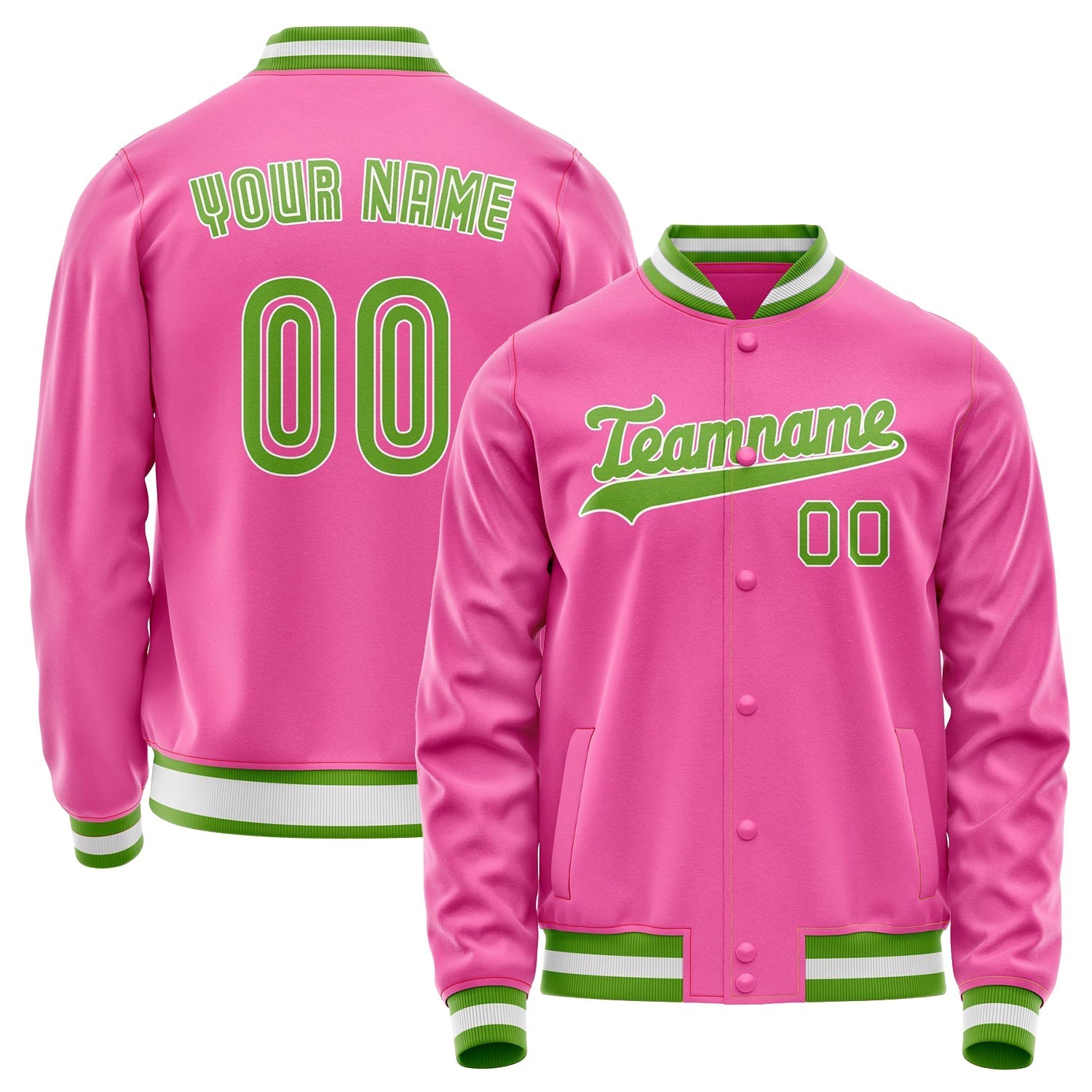 Custom Pink Neon-Green Solid Color Varsity Letterman Jacket JA02240617SH325