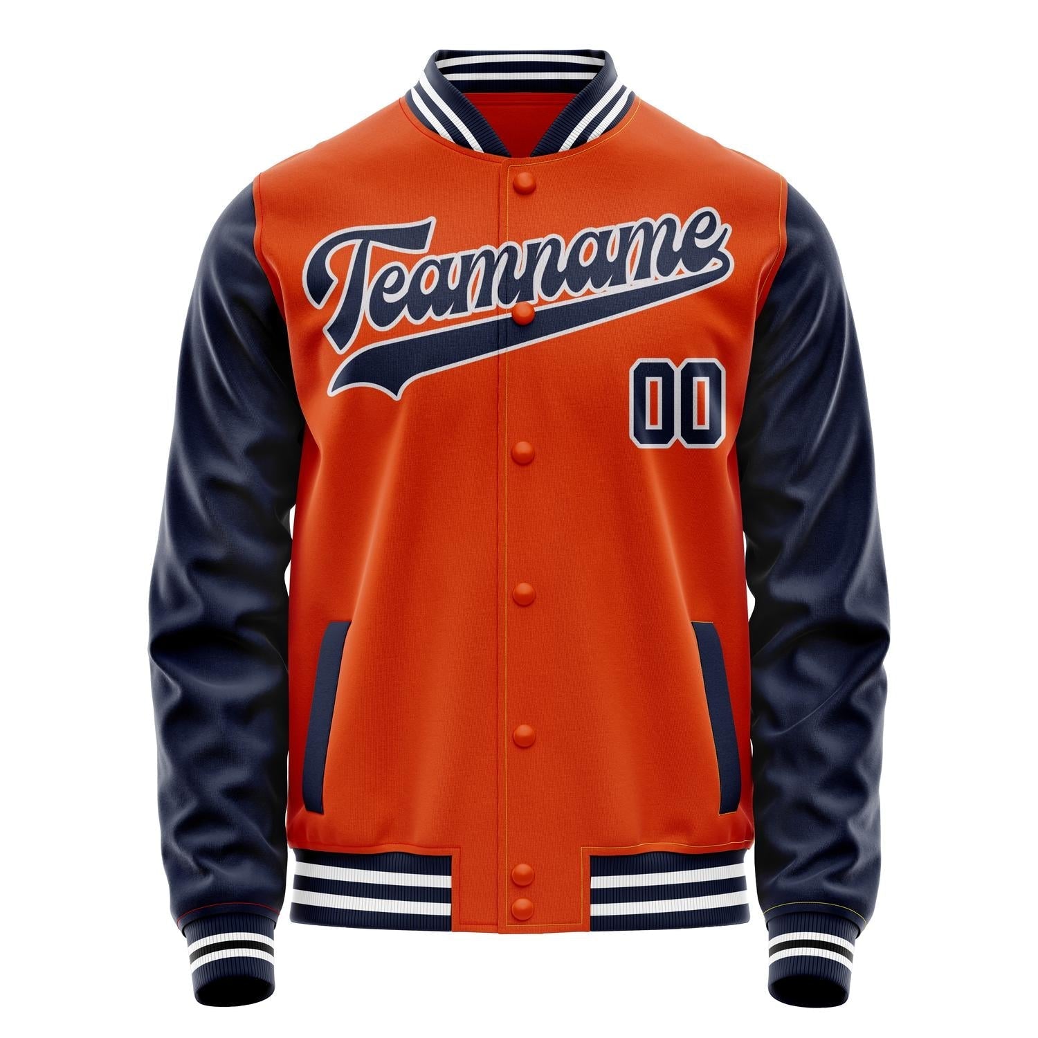 Custom Orange Navy Solid Color Varsity Letterman Jacket JA02240617XE353