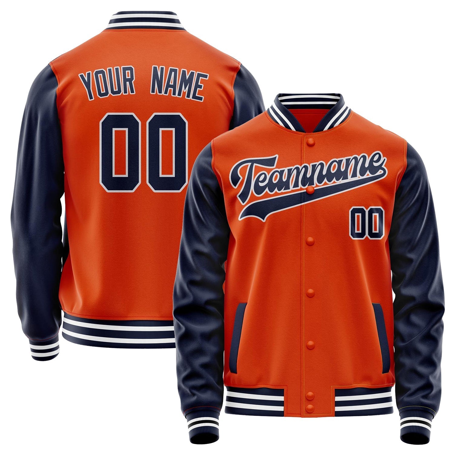 Custom Orange Navy Solid Color Varsity Letterman Jacket JA02240617XE353