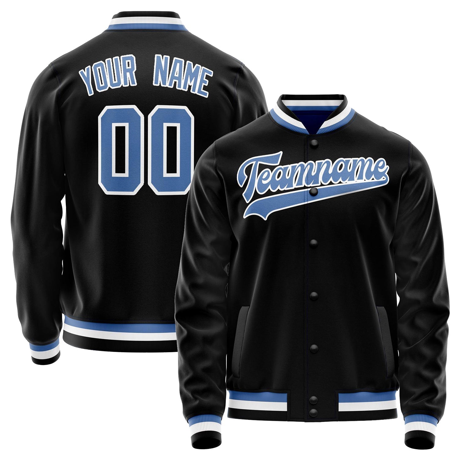 Custom Black Light-Blue Solid Color Varsity Letterman Jacket JA02240617XF009
