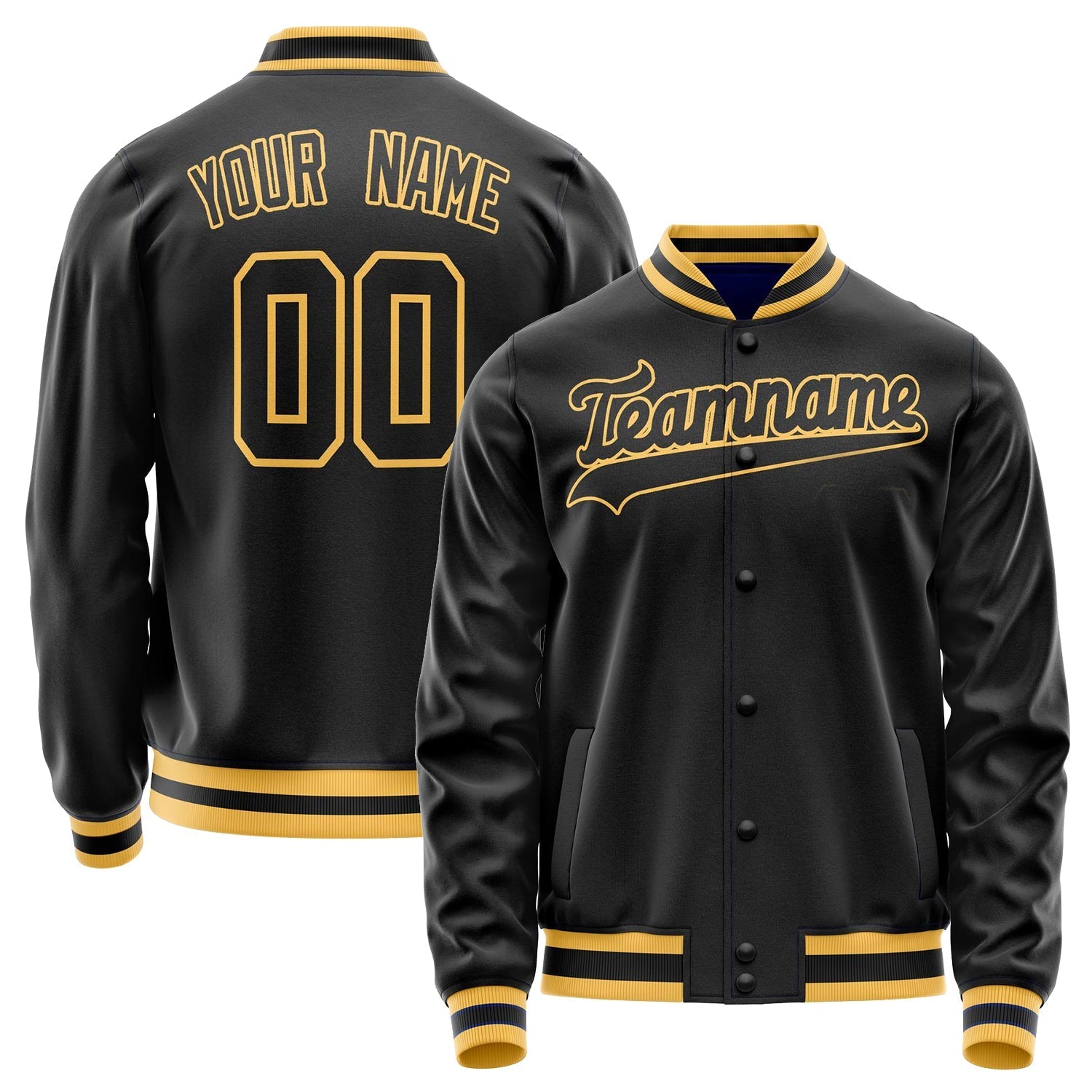 Custom Black Gold Solid Color Varsity Letterman Jacket JA02240617XF025