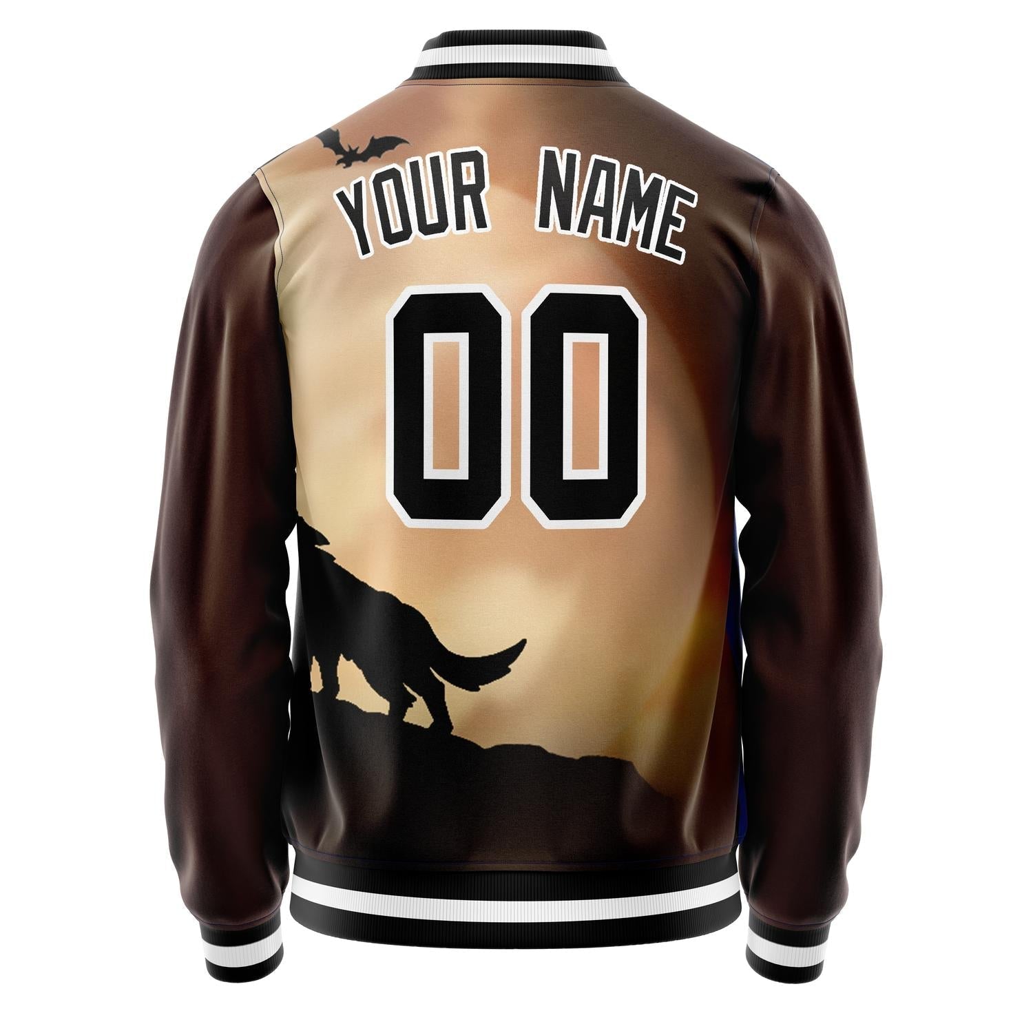 Custom Brown Black Wolf Fullmoon Party 3D Varsity Letterman Jacket JA02240617XF066