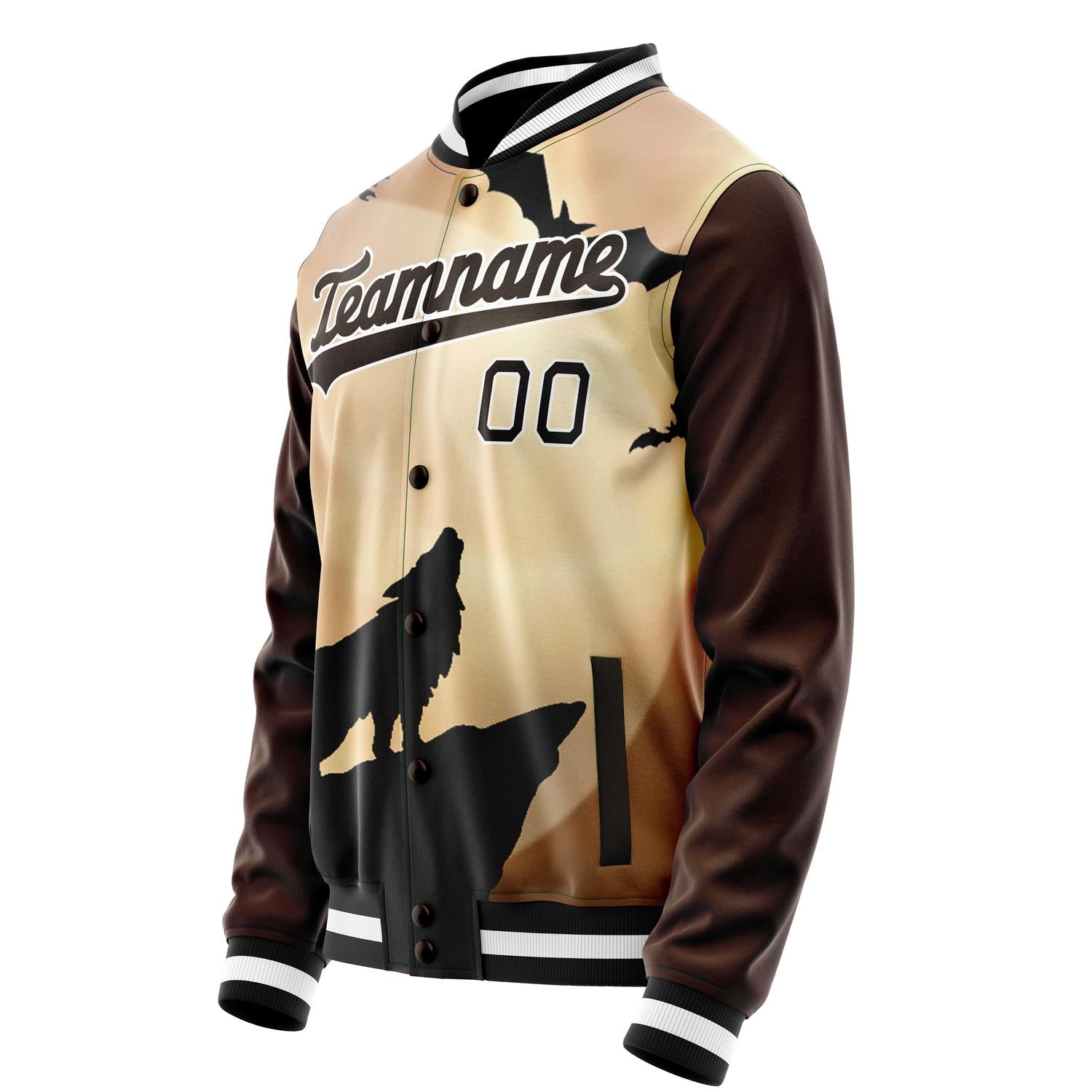 Custom Brown Black Wolf Fullmoon Party 3D Varsity Letterman Jacket JA02240617XF066