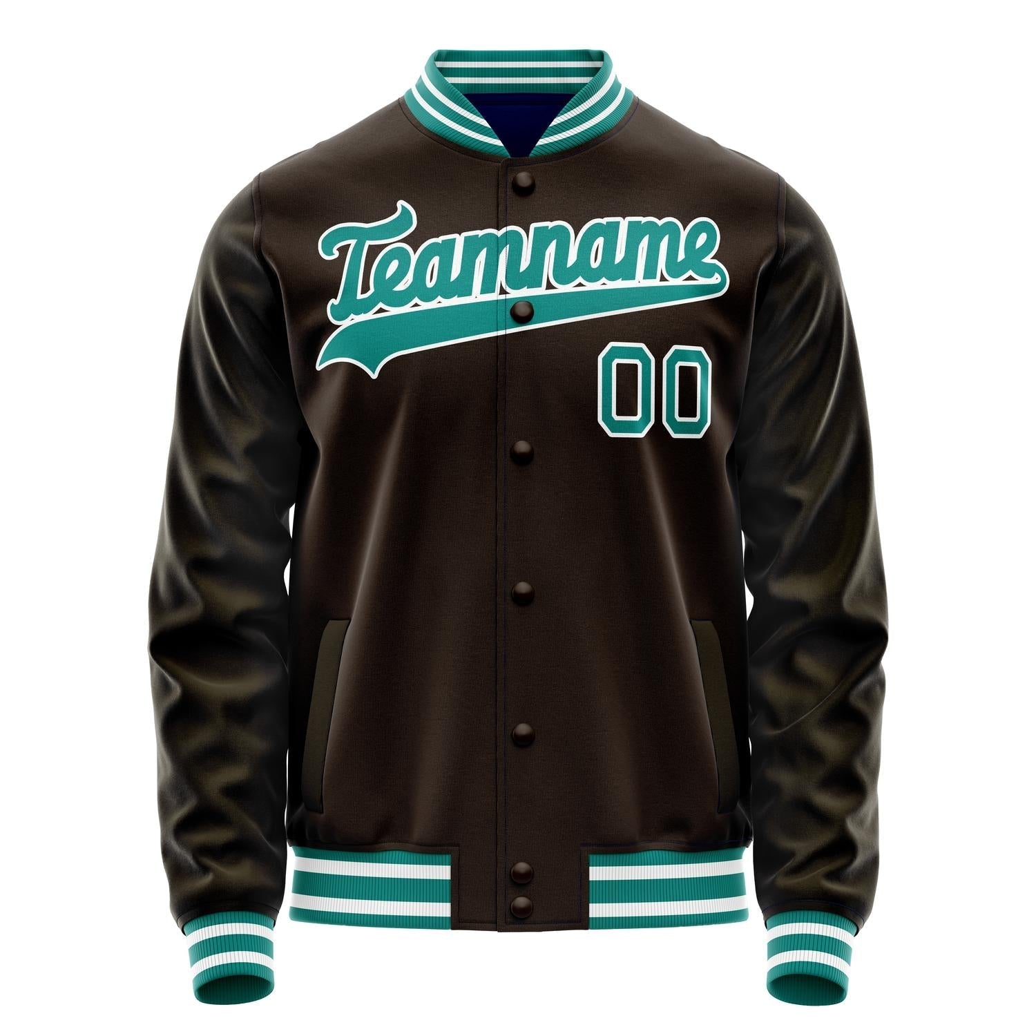 Custom Brown Teal Solid Color Varsity Letterman Jacket JA02240617XF080