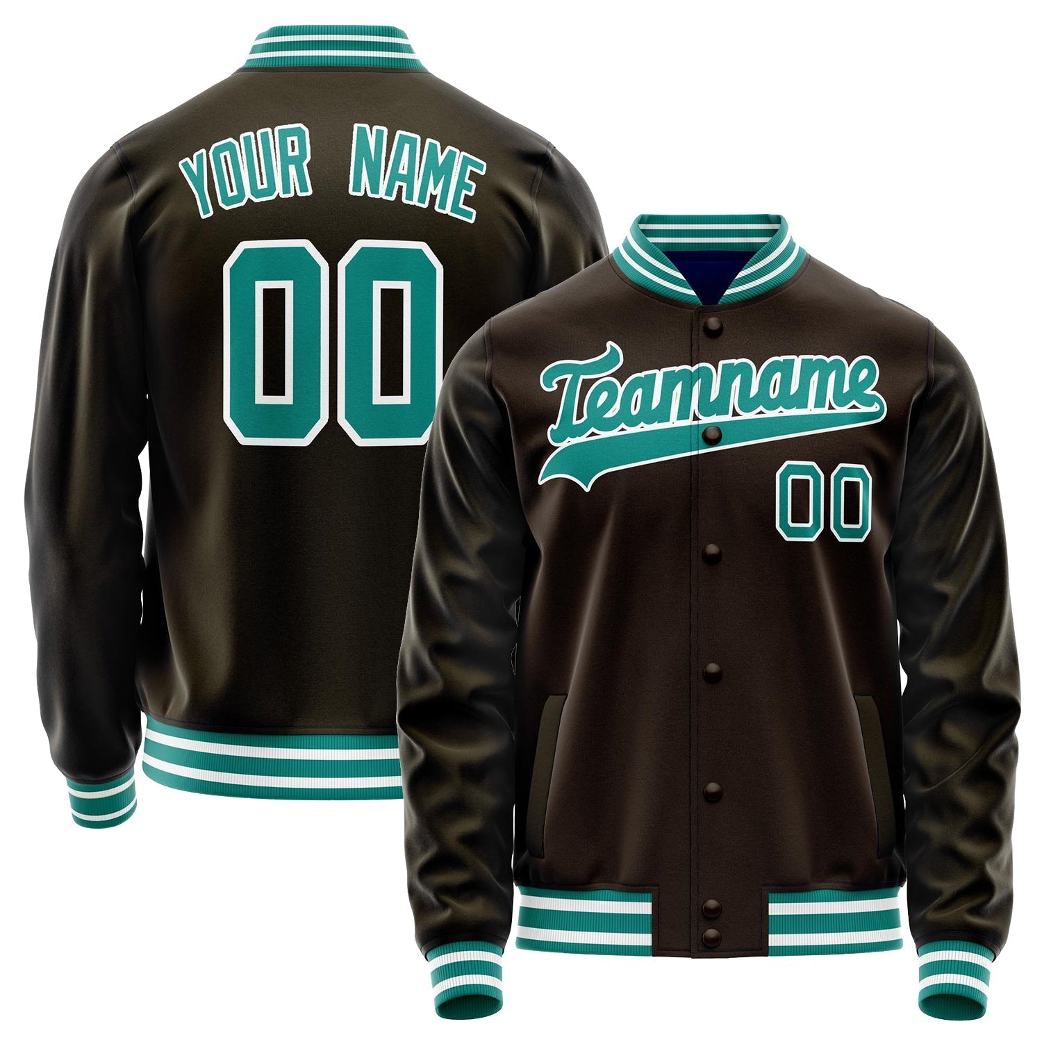 Custom Brown Teal Solid Color Varsity Letterman Jacket JA02240617XF080