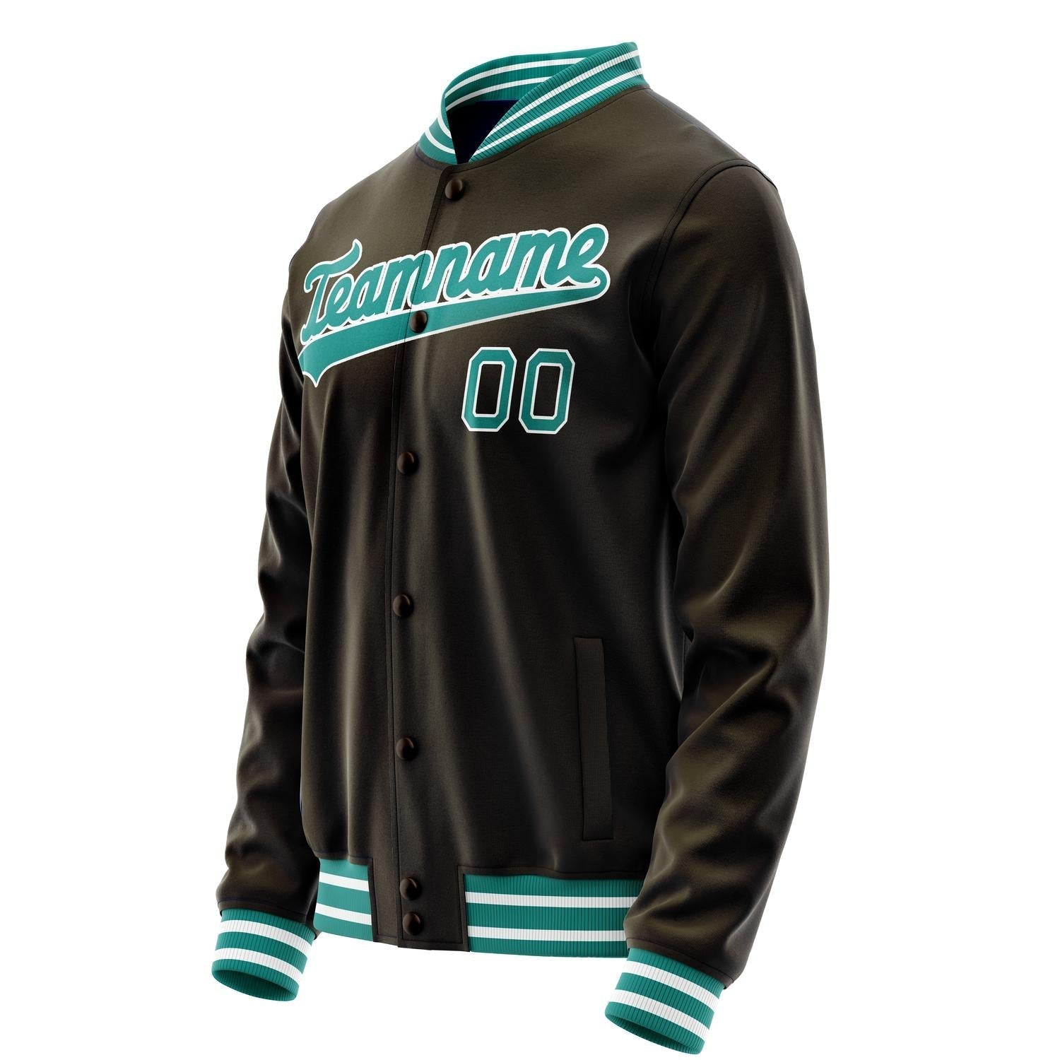 Custom Brown Teal Solid Color Varsity Letterman Jacket JA02240617XF080