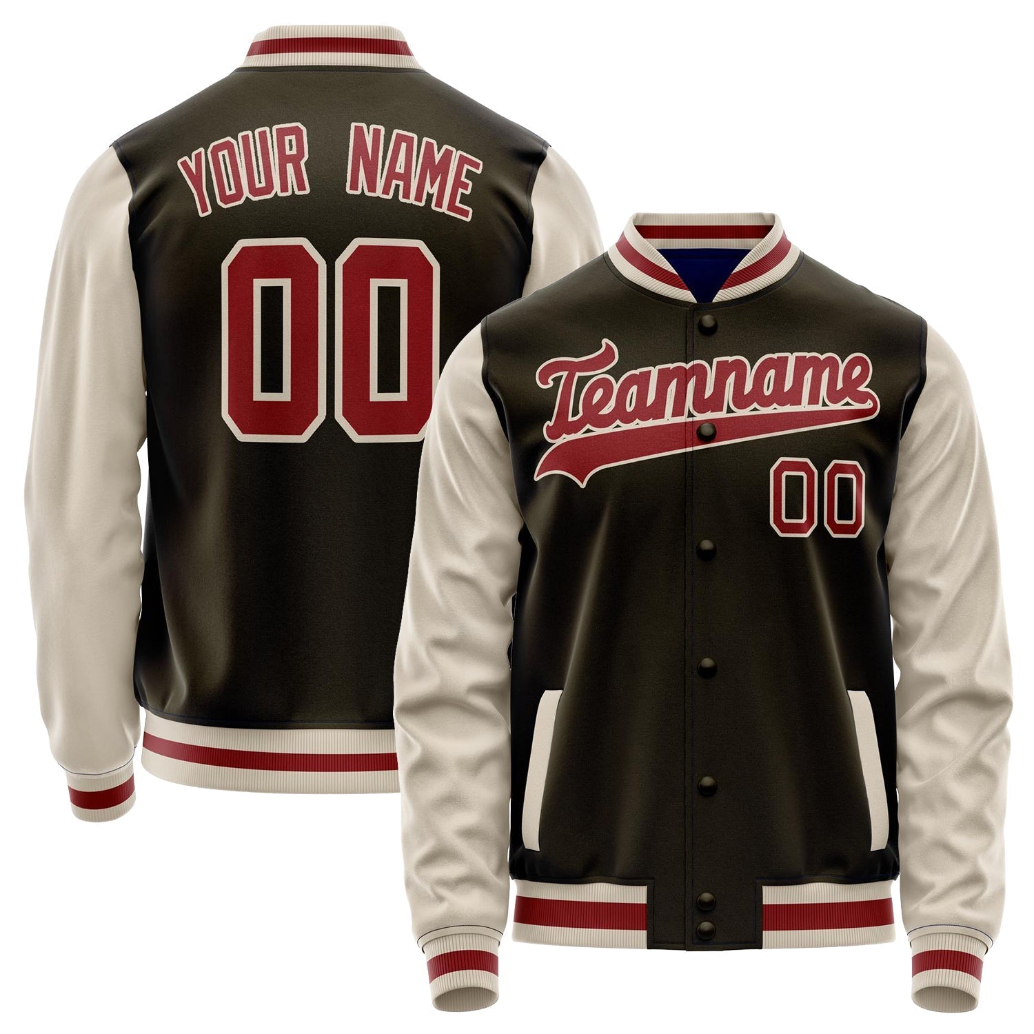 Custom Brown Cream Solid Color Varsity Letterman Jacket JA02240617XF082