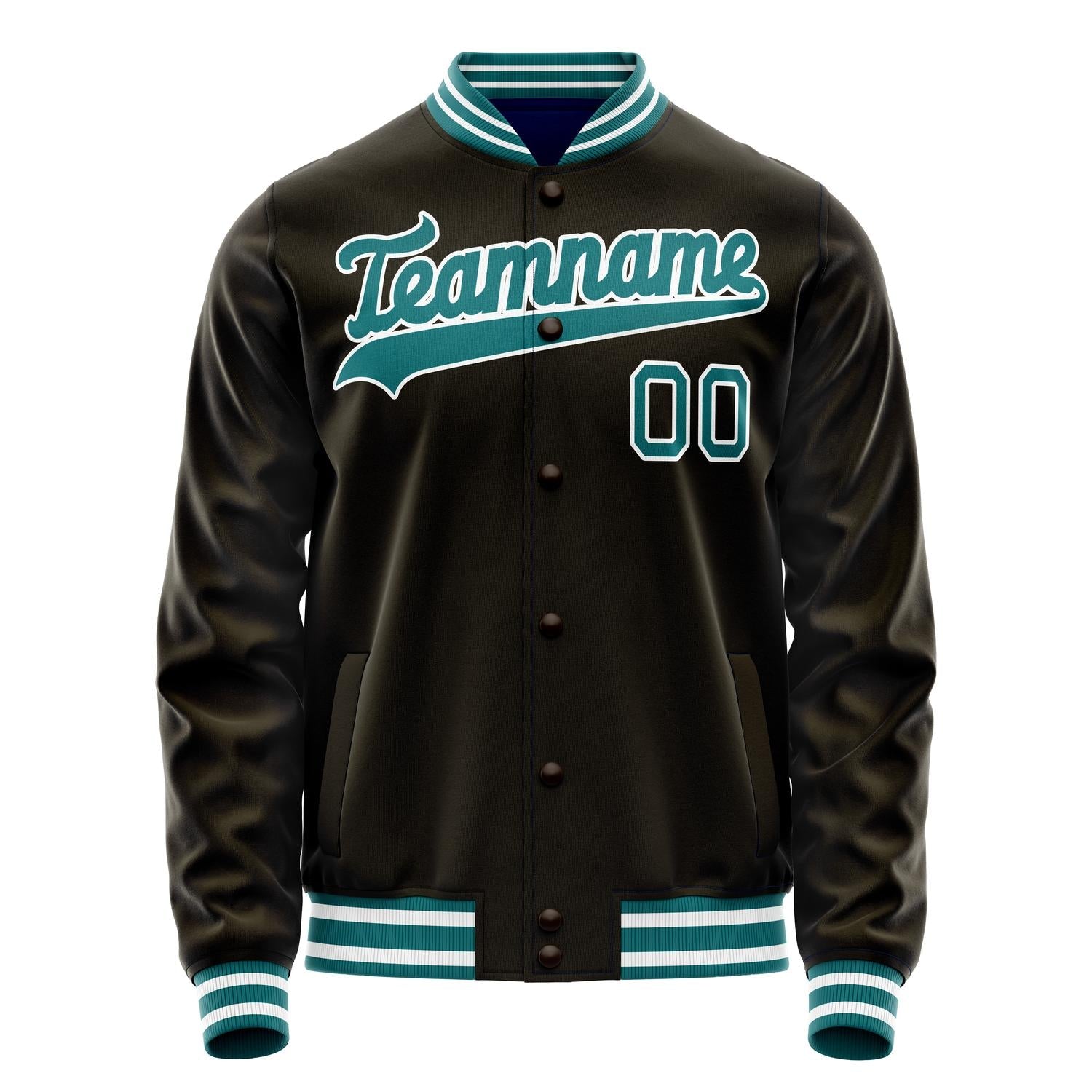 Custom Brown Teal Solid Color Varsity Letterman Jacket JA02240617XF087