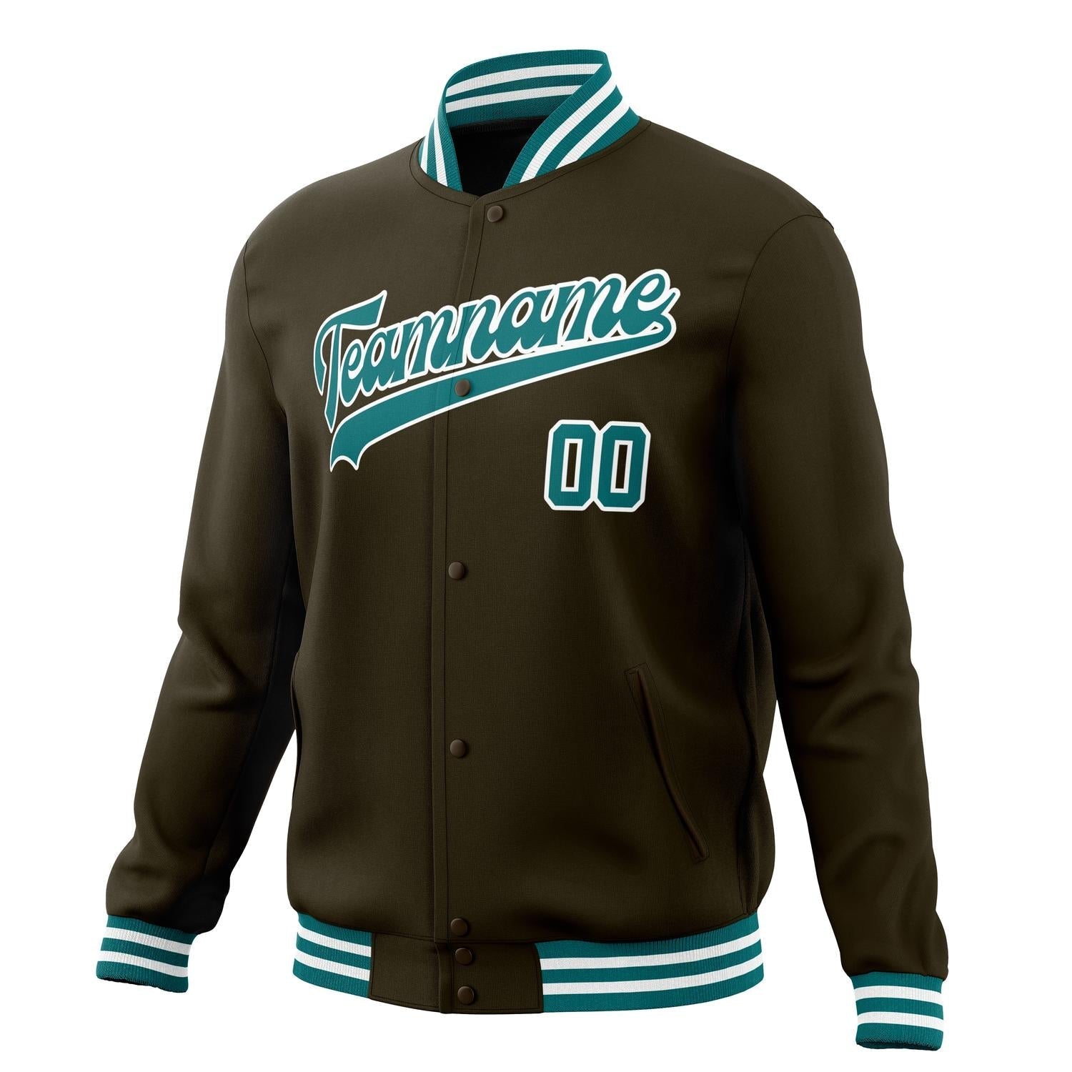 Custom Brown Teal Solid Color Varsity Letterman Jacket JA02240617XF087