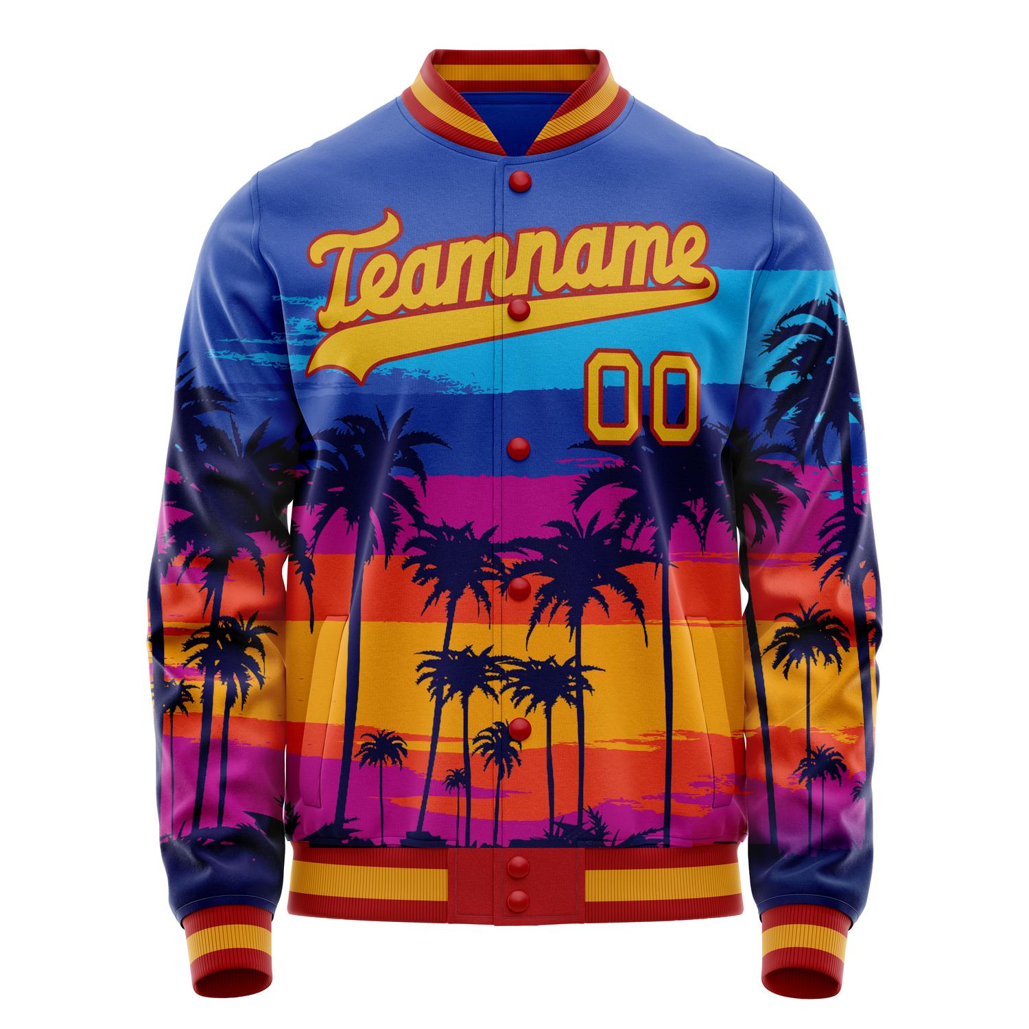 Custom Royal Old Hawaii Palm Trees 3D Pattern Varsity Letterman Jacket JA02240617XF546