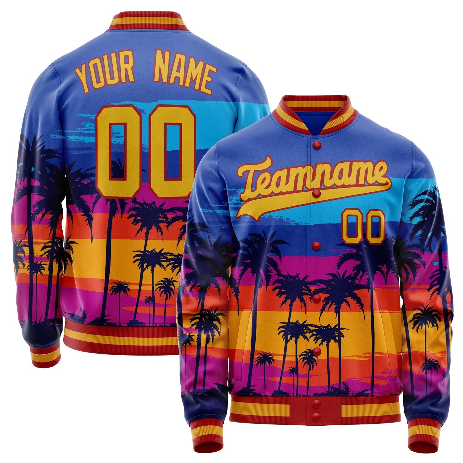Custom Royal Old Hawaii Palm Trees 3D Pattern Varsity Letterman Jacket JA02240617XF546
