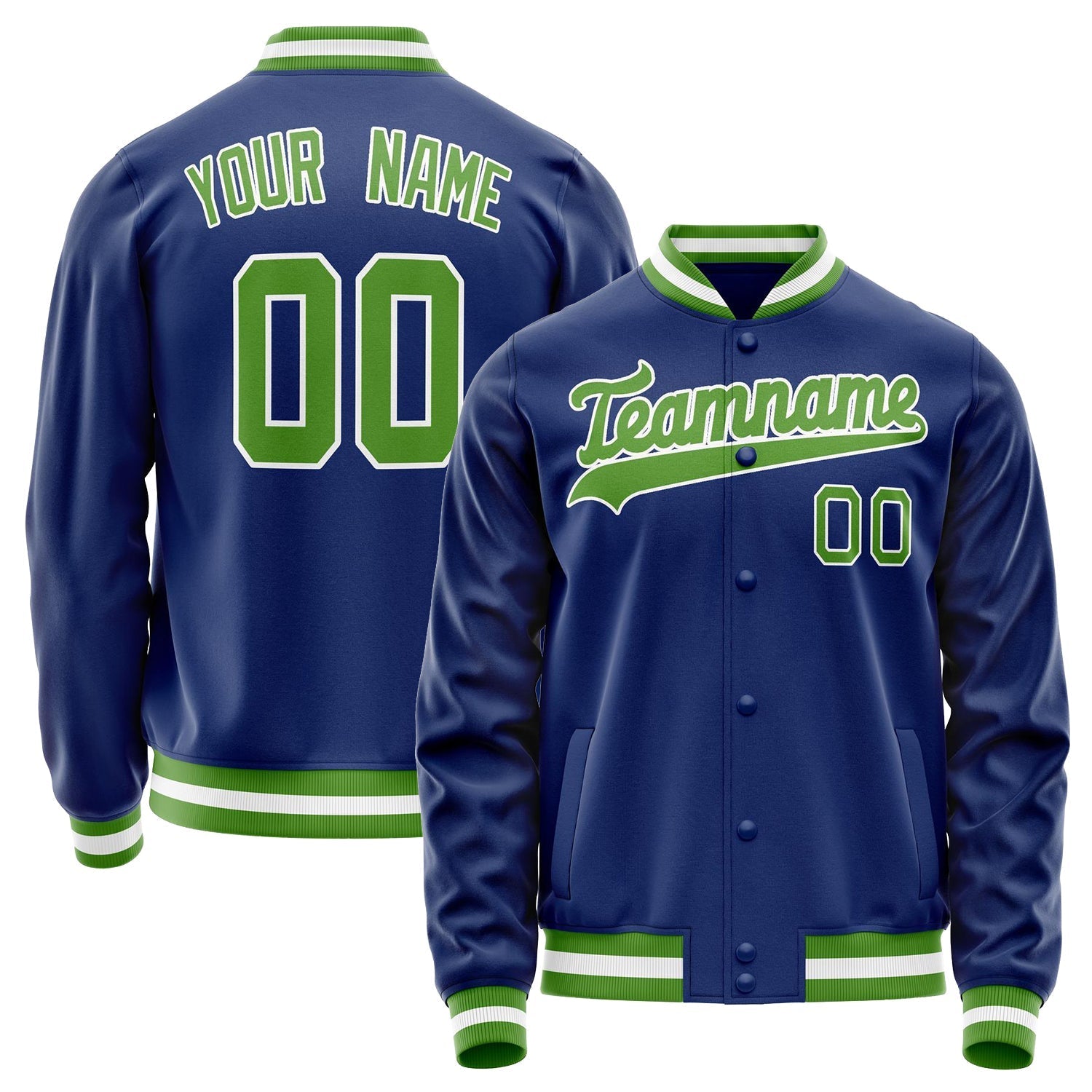 Custom Royal Neon-Green Solid Color Varsity Letterman Jacket JA02240617XF553