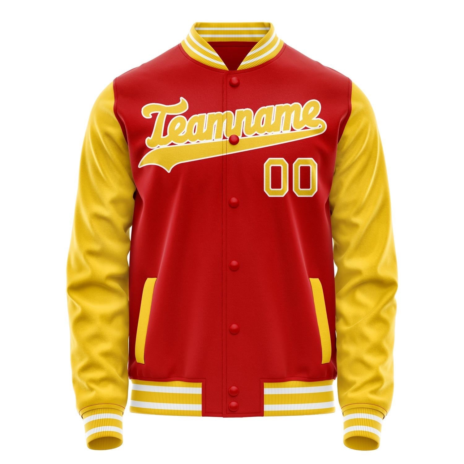 Custom Red Yellow Solid Color Varsity Letterman Jacket JA02240617XY387