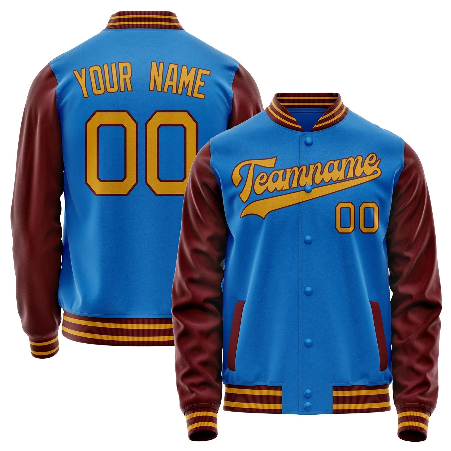 Custom Electric-Blue Brown Solid Color Varsity Letterman Jacket JA02240617YH122