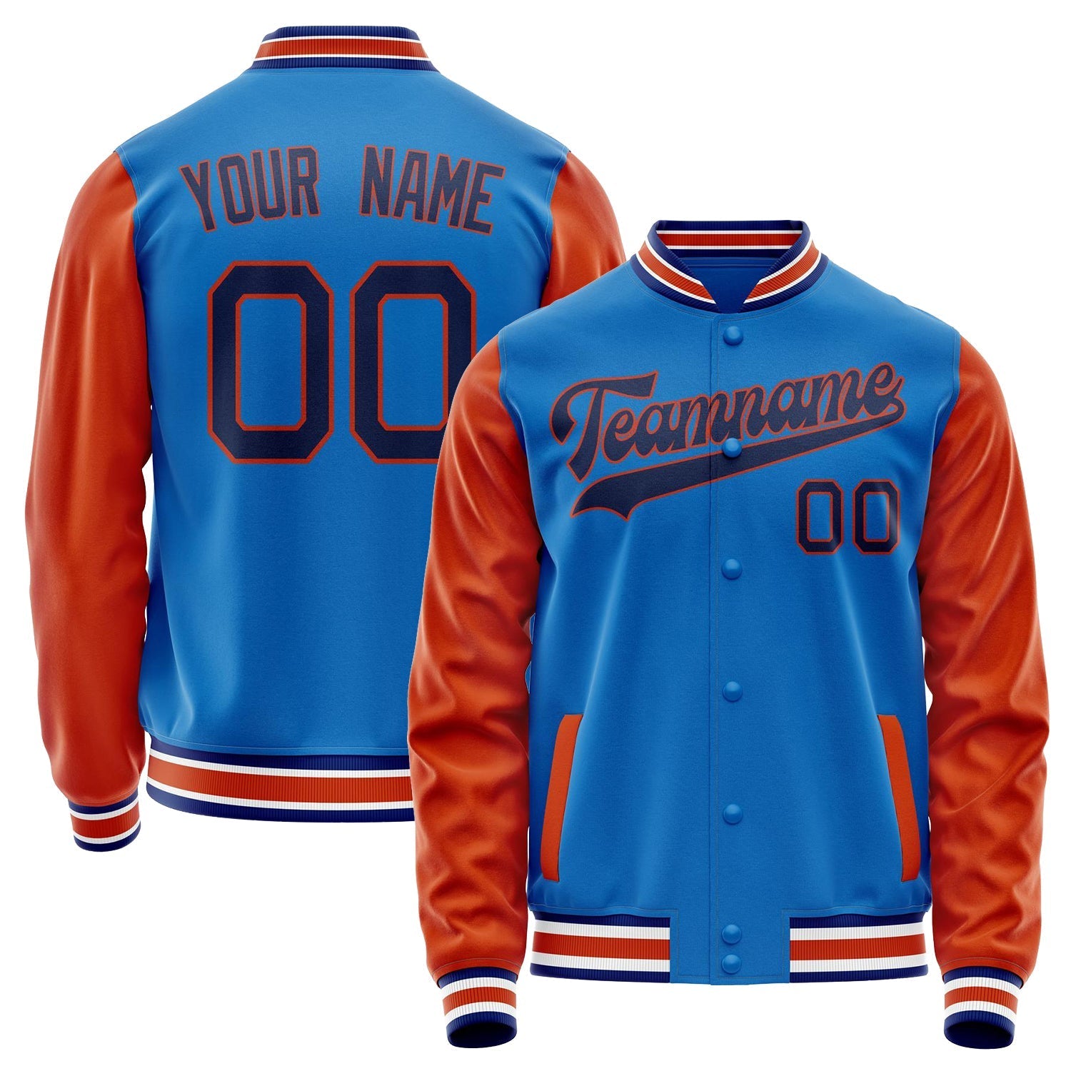 Custom Electric-Blue Orange Solid Color Varsity Letterman Jacket JA02240617YH136