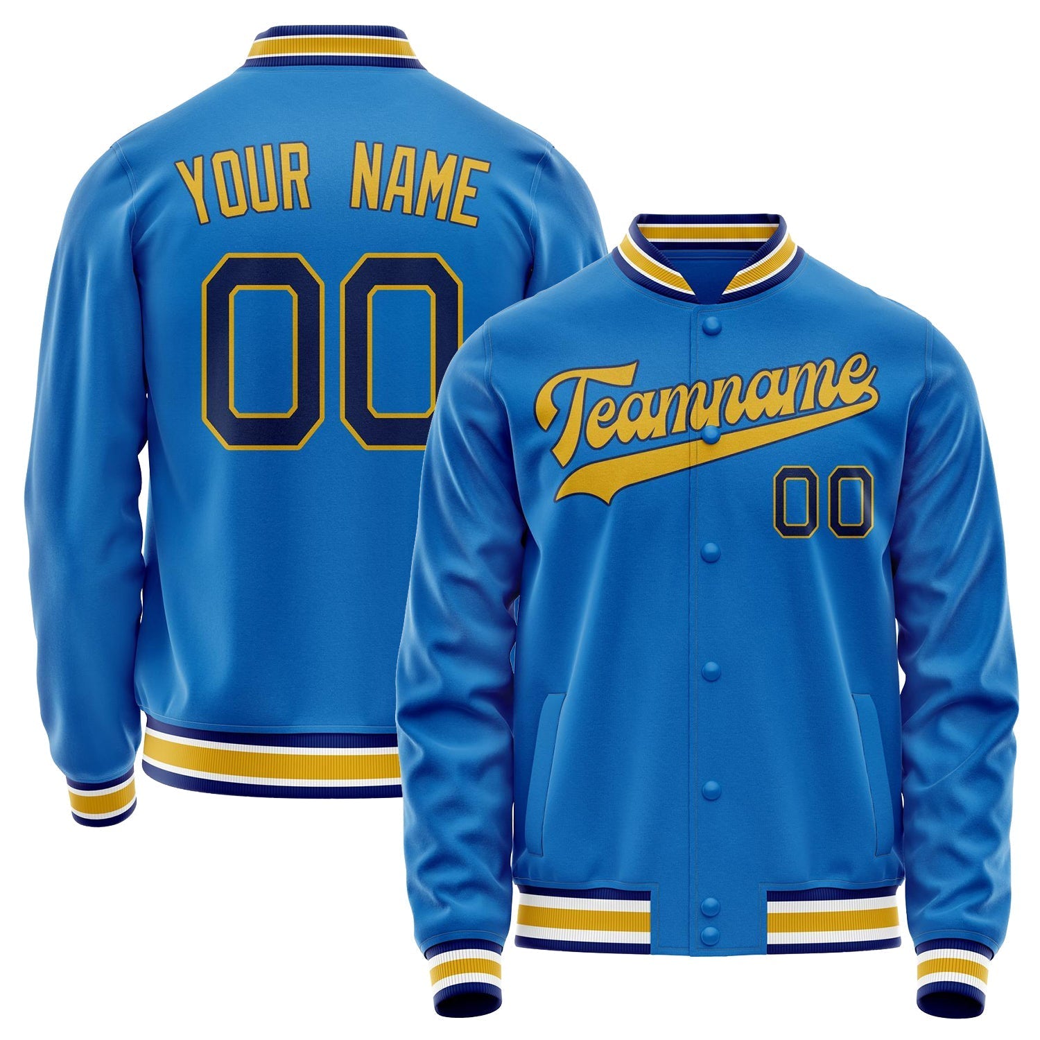 Custom Electric-Blue Gold Solid Color Varsity Letterman Jacket JA02240617YH142