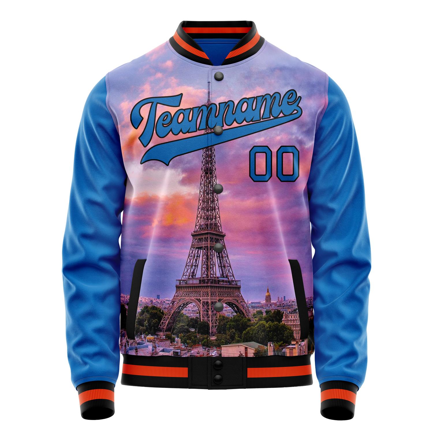 Custom Electric-Blue Black Eiffel Tower 3D Varsity Letterman Jacket JA02240617YH143