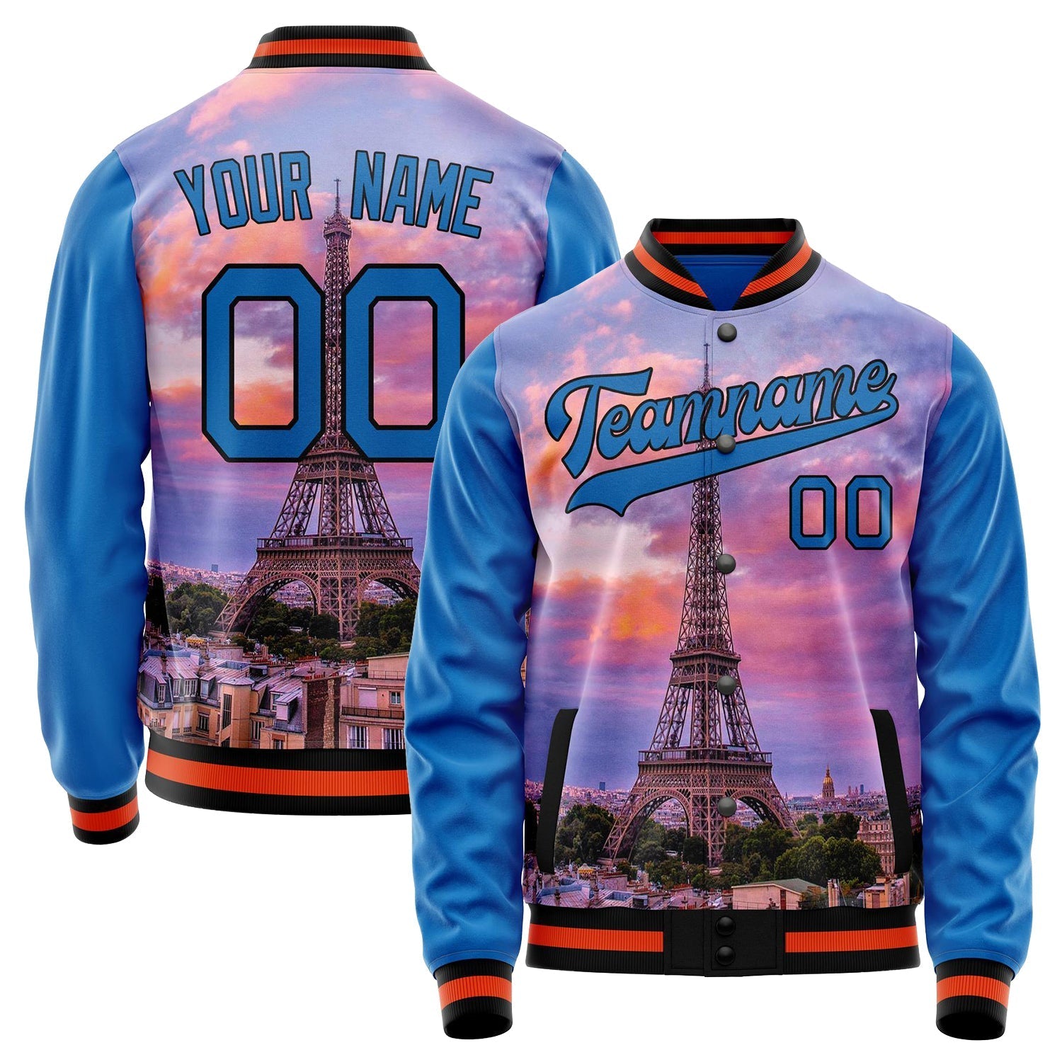 Custom Electric-Blue Black Eiffel Tower 3D Varsity Letterman Jacket JA02240617YH143