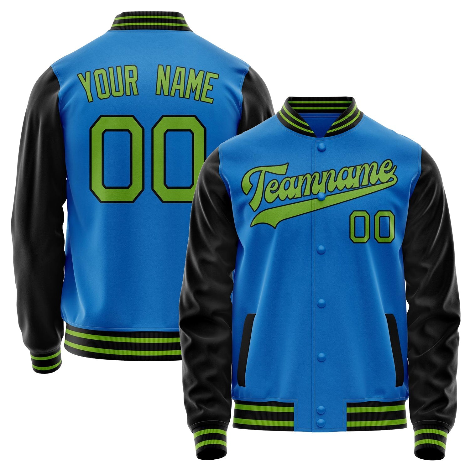 Custom Electric-Blue Neon-Green Solid Color Varsity Letterman Jacket JA02240617YH145